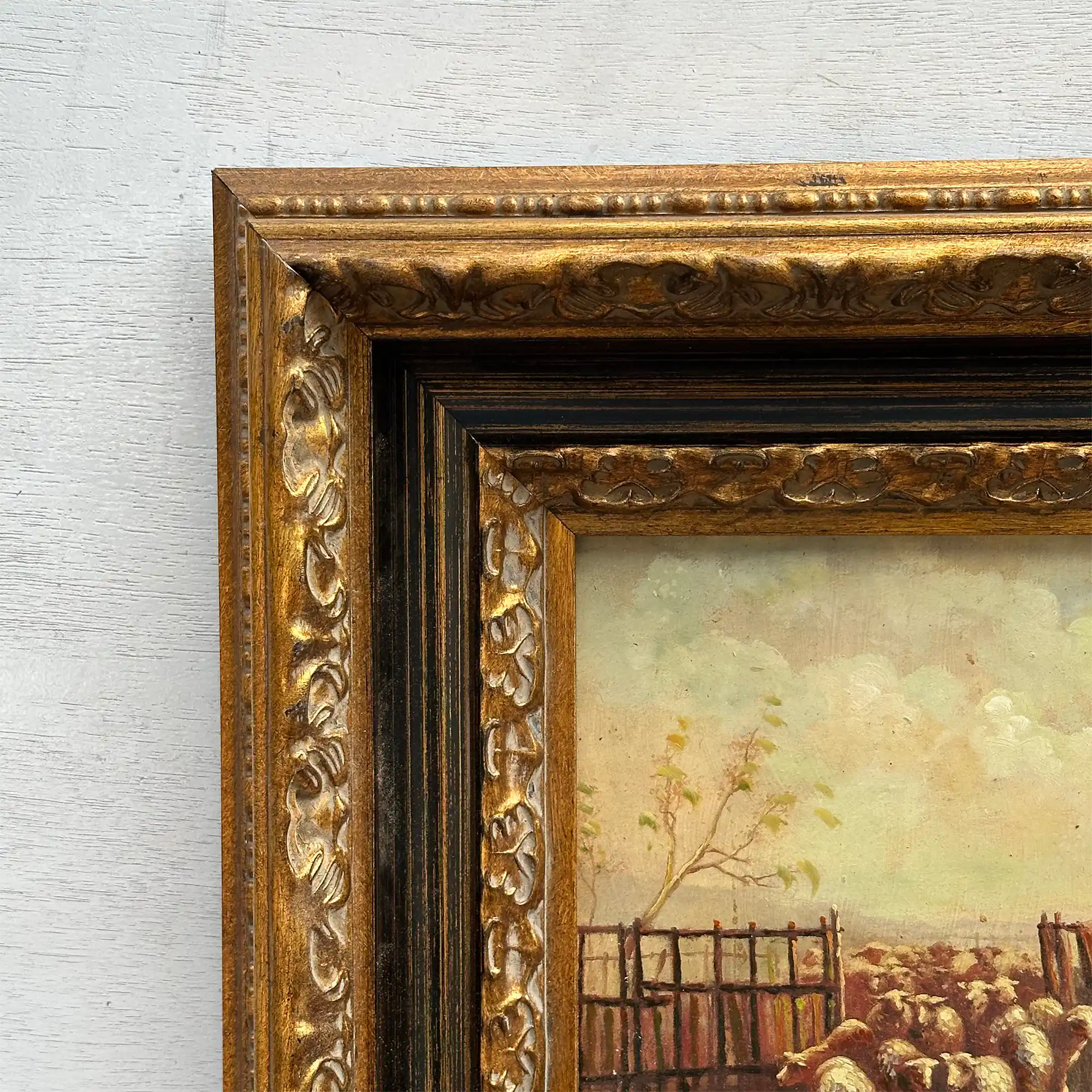 Original Vintage Sheep Farm Oil Painting, Rural Landscape Wall Art in Ornate Frame - Vintage Oil Painting - Arden Gallery