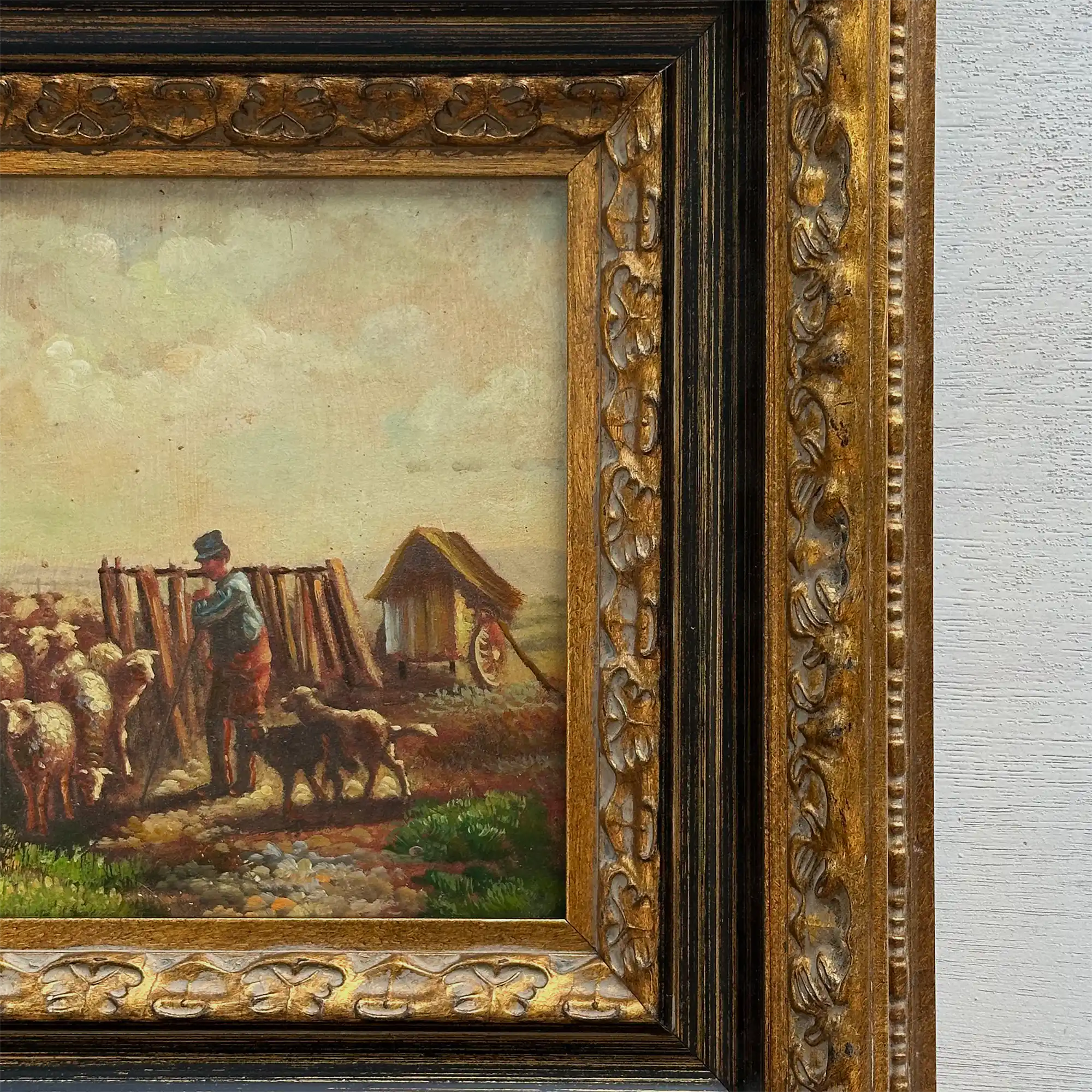 Original Vintage Sheep Farm Oil Painting, Rural Landscape Wall Art in Ornate Frame - Vintage Oil Painting - Arden Gallery