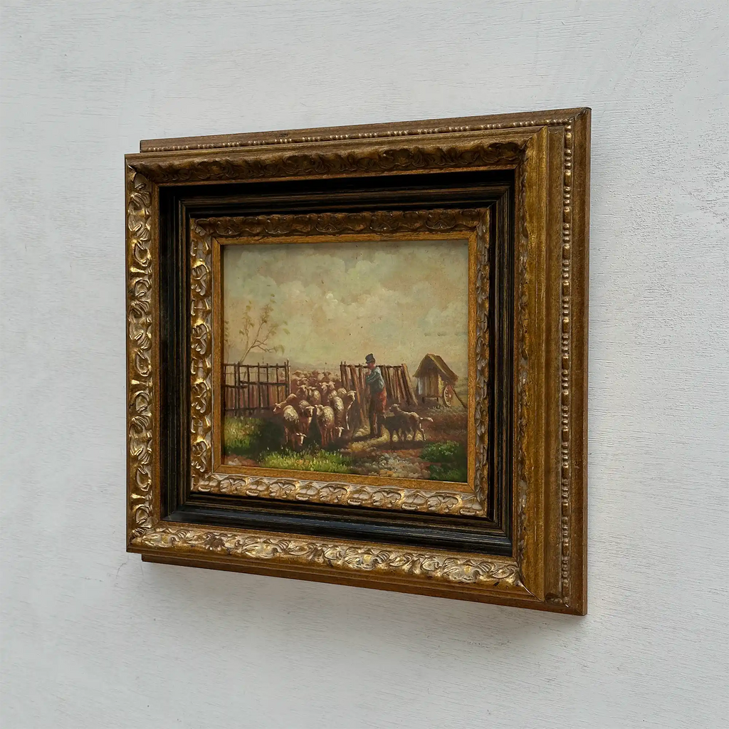 Original Vintage Sheep Farm Oil Painting, Rural Landscape Wall Art in Ornate Frame - Vintage Oil Painting - Arden Gallery
