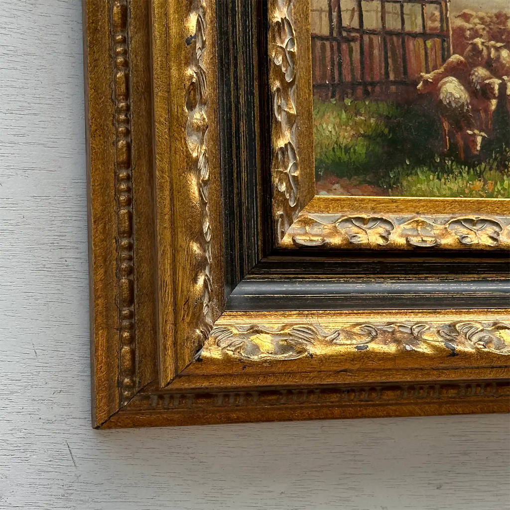 Original Vintage Sheep Farm Oil Painting, Rural Landscape Wall Art in Ornate Frame - Vintage Oil Painting - Arden Gallery