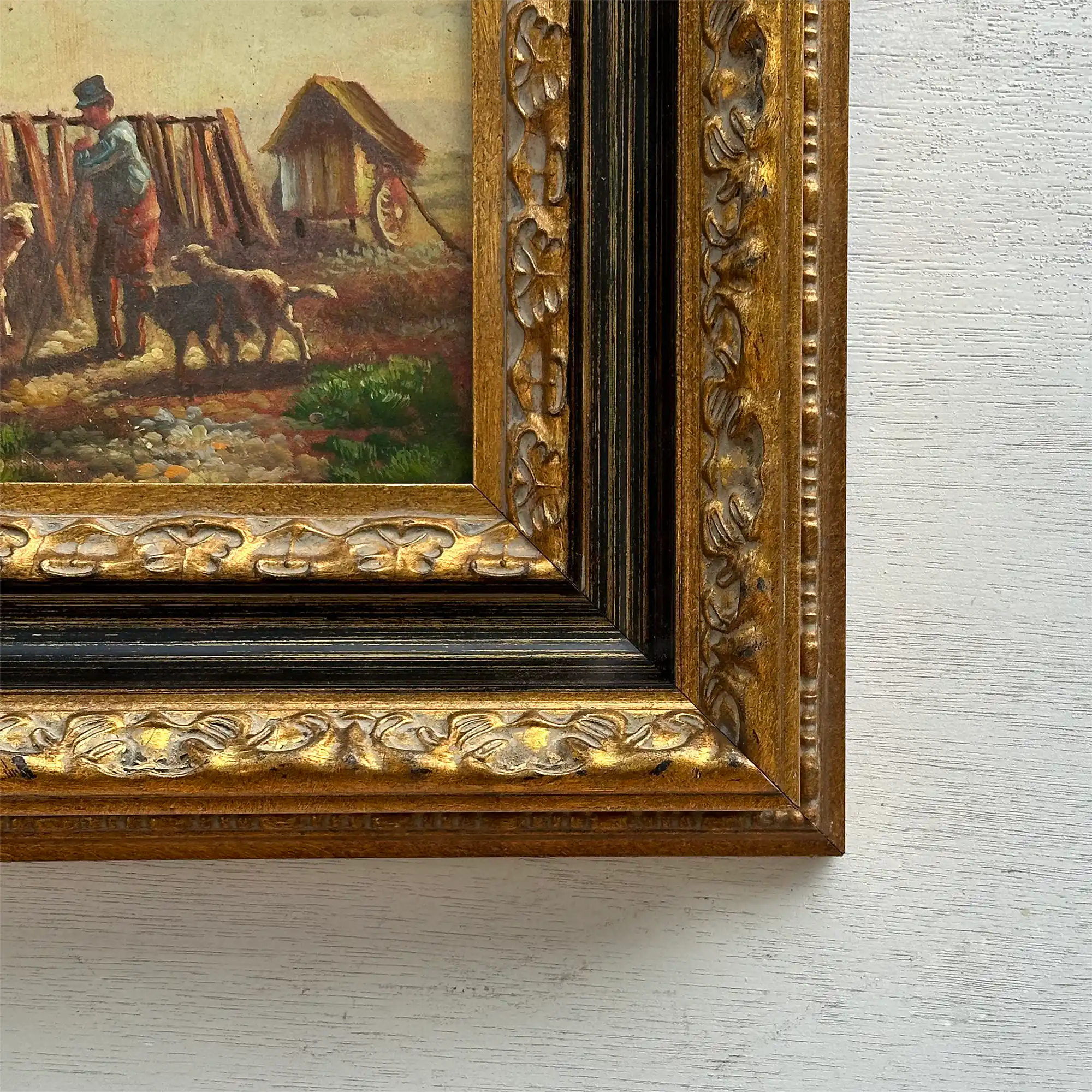 Original Vintage Sheep Farm Oil Painting, Rural Landscape Wall Art in Ornate Frame - Vintage Oil Painting - Arden Gallery