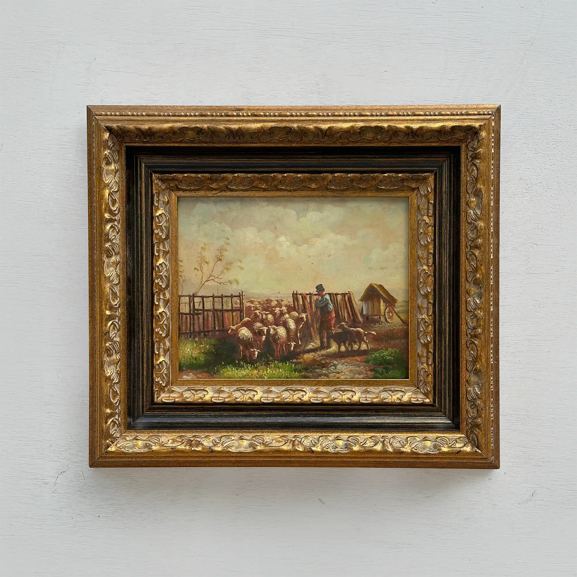 Original Vintage Sheep Farm Oil Painting, Rural Landscape Wall Art in Ornate Frame - Vintage Oil Painting - Arden Gallery