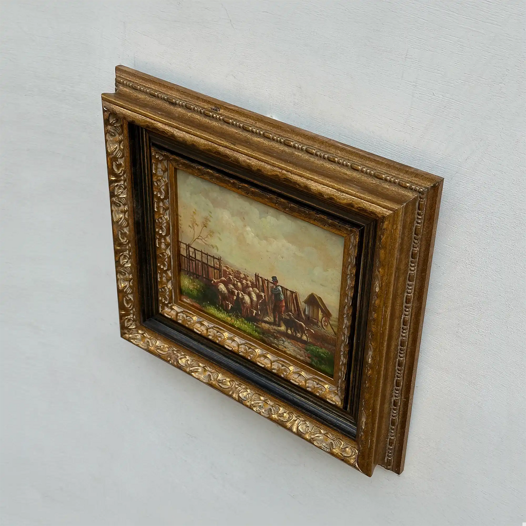 Original Vintage Sheep Farm Oil Painting, Rural Landscape Wall Art in Ornate Frame - Vintage Oil Painting - Arden Gallery