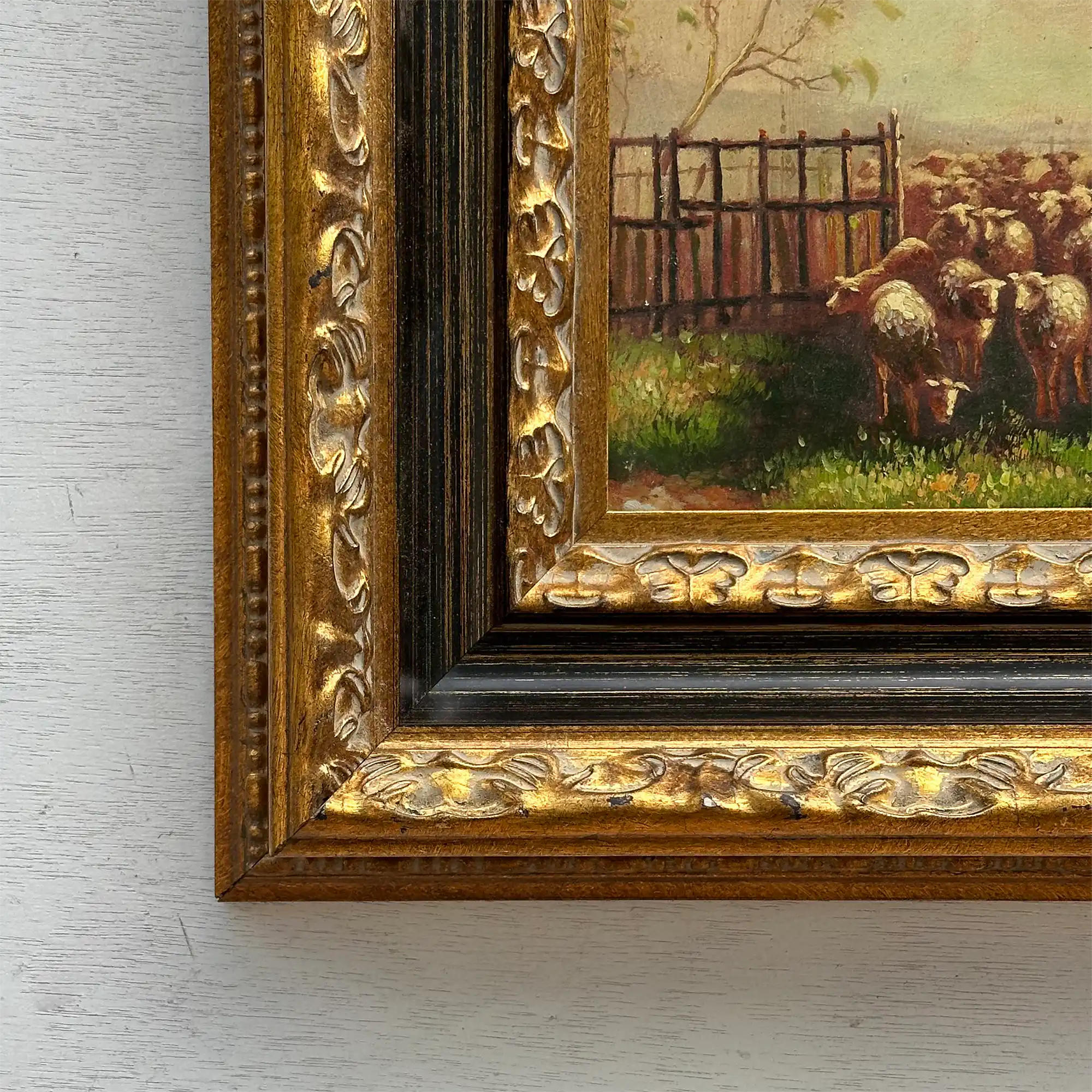 Original Vintage Sheep Farm Oil Painting, Rural Landscape Wall Art in Ornate Frame - Vintage Oil Painting - Arden Gallery