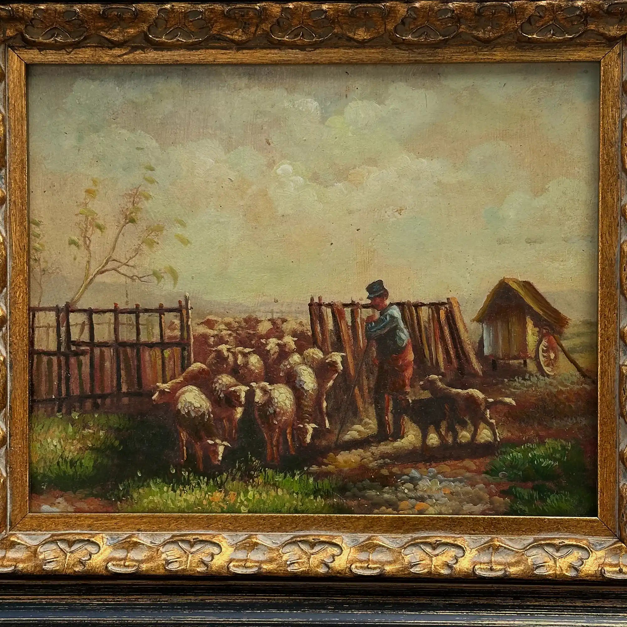 Original Vintage Sheep Farm Oil Painting, Rural Landscape Wall Art in Ornate Frame - Vintage Oil Painting - Arden Gallery