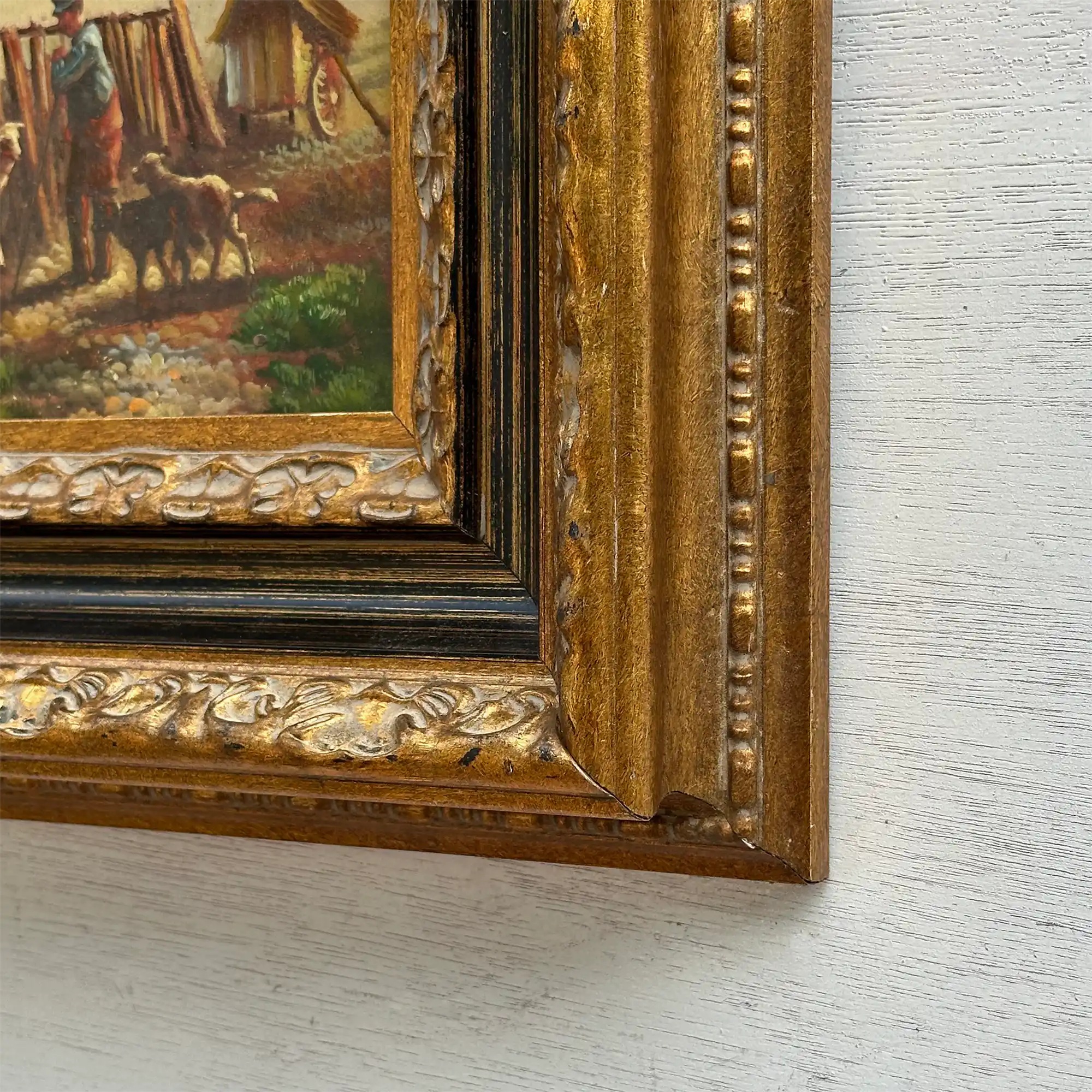 Original Vintage Sheep Farm Oil Painting, Rural Landscape Wall Art in Ornate Frame - Vintage Oil Painting - Arden Gallery