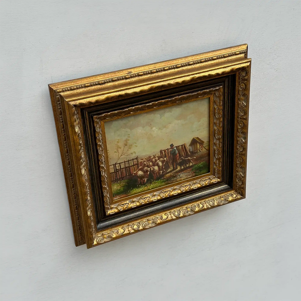 Original Vintage Sheep Farm Oil Painting, Rural Landscape Wall Art in Ornate Frame - Vintage Oil Painting - Arden Gallery