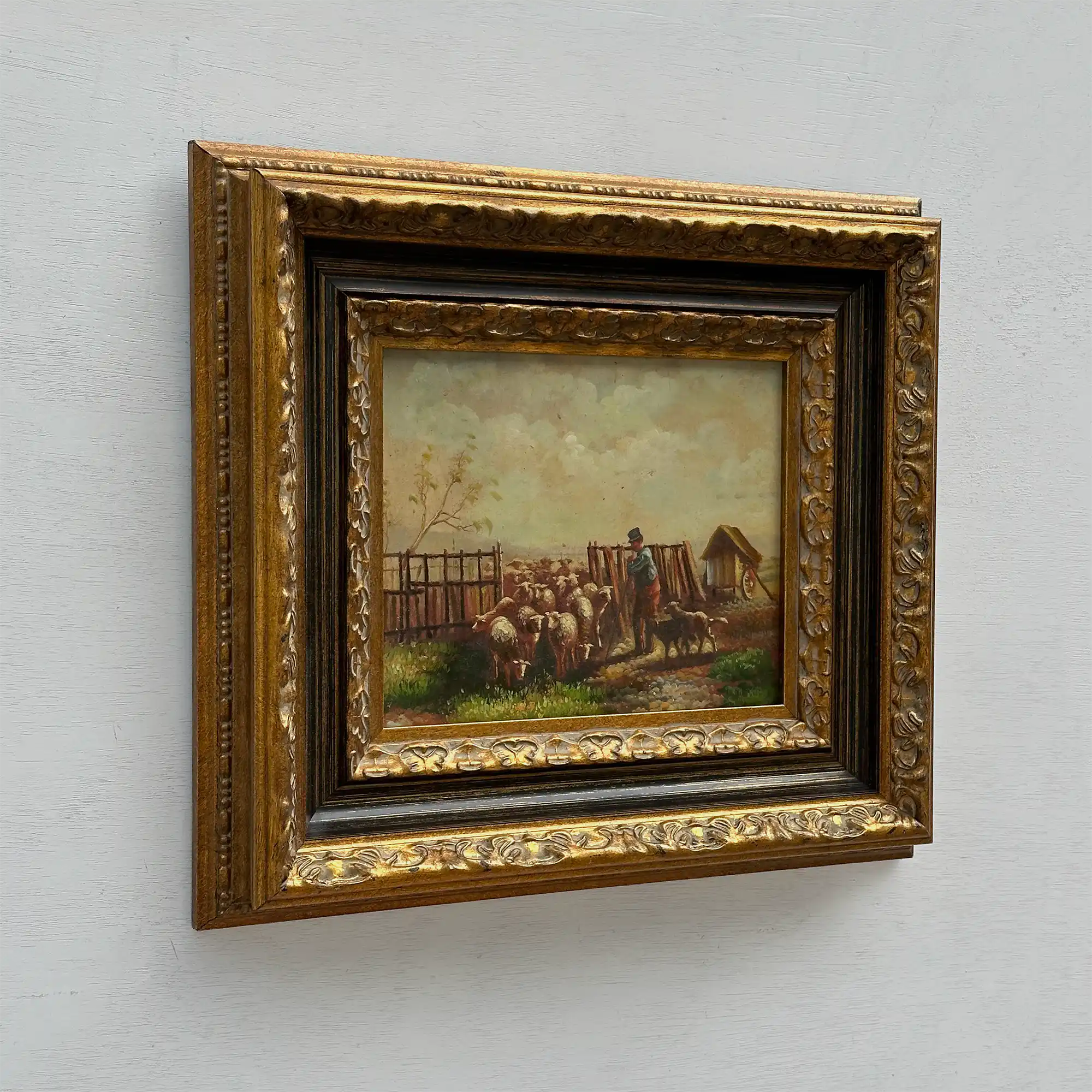 Original Vintage Sheep Farm Oil Painting, Rural Landscape Wall Art in Ornate Frame - Vintage Oil Painting - Arden Gallery