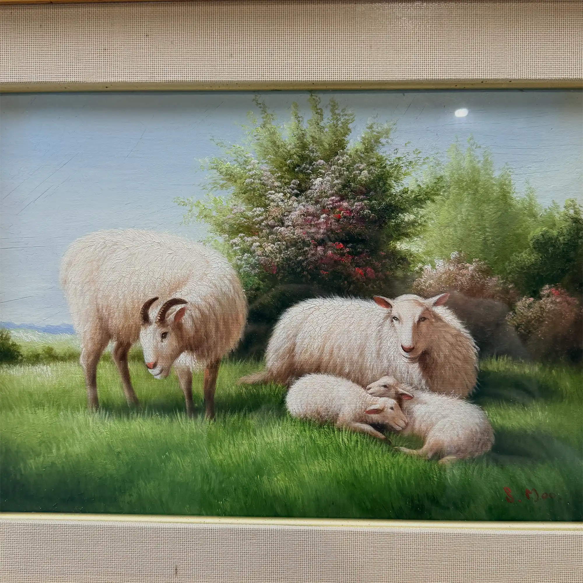 Pastoral Shepherd Scene with Sheep on Meadow, Original Hand-Painted Oil Painting Signed by Artist R. Maas, Ornate Carved Gilded Frame - Vintage Oil Painting - Arden Gallery
