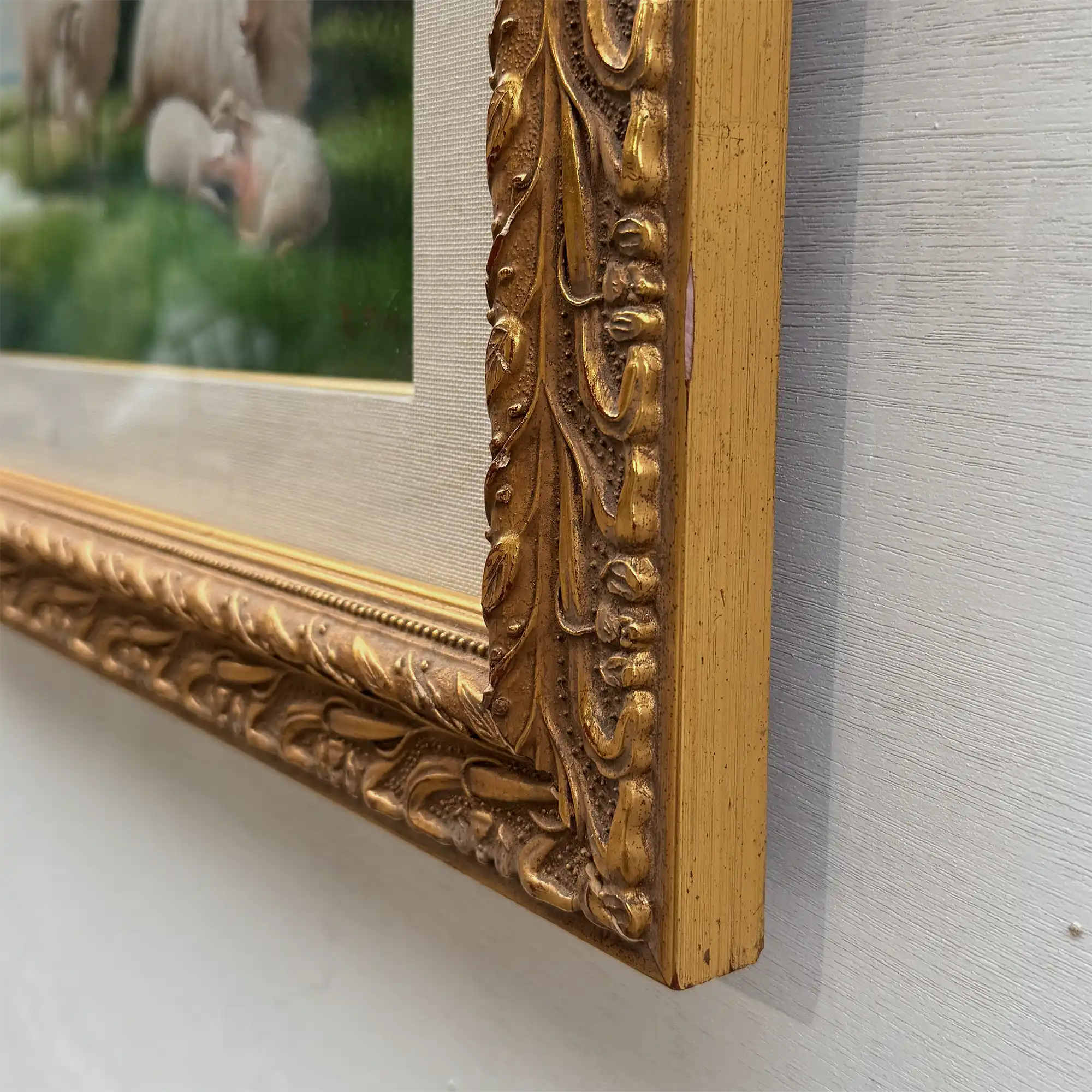 Pastoral Shepherd Scene with Sheep on Meadow, Original Hand-Painted Oil Painting Signed by Artist R. Maas, Ornate Carved Gilded Frame - Vintage Oil Painting - Arden Gallery