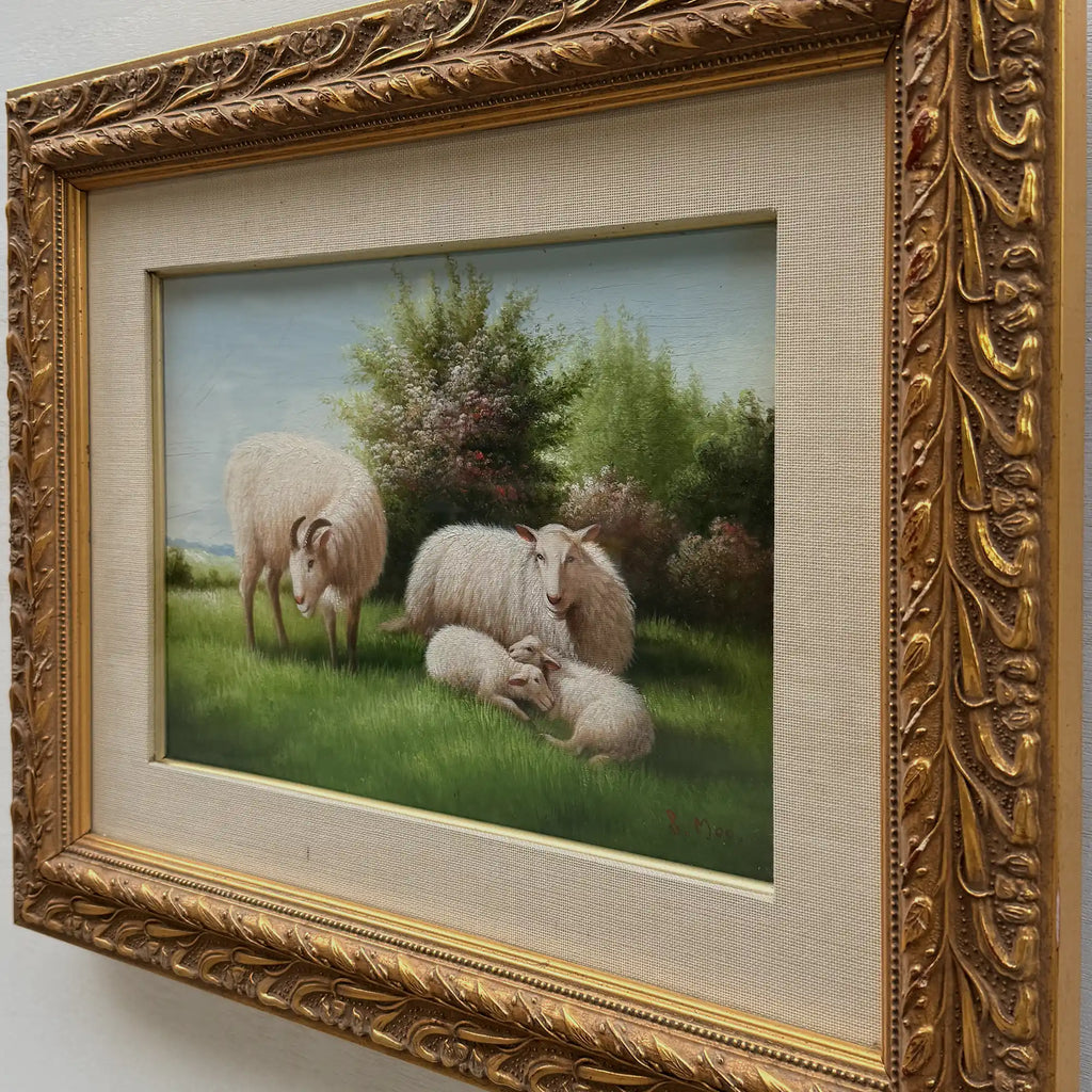 Pastoral Shepherd Scene with Sheep on Meadow, Original Hand-Painted Oil Painting Signed by Artist R. Maas, Ornate Carved Gilded Frame - Vintage Oil Painting - Arden Gallery