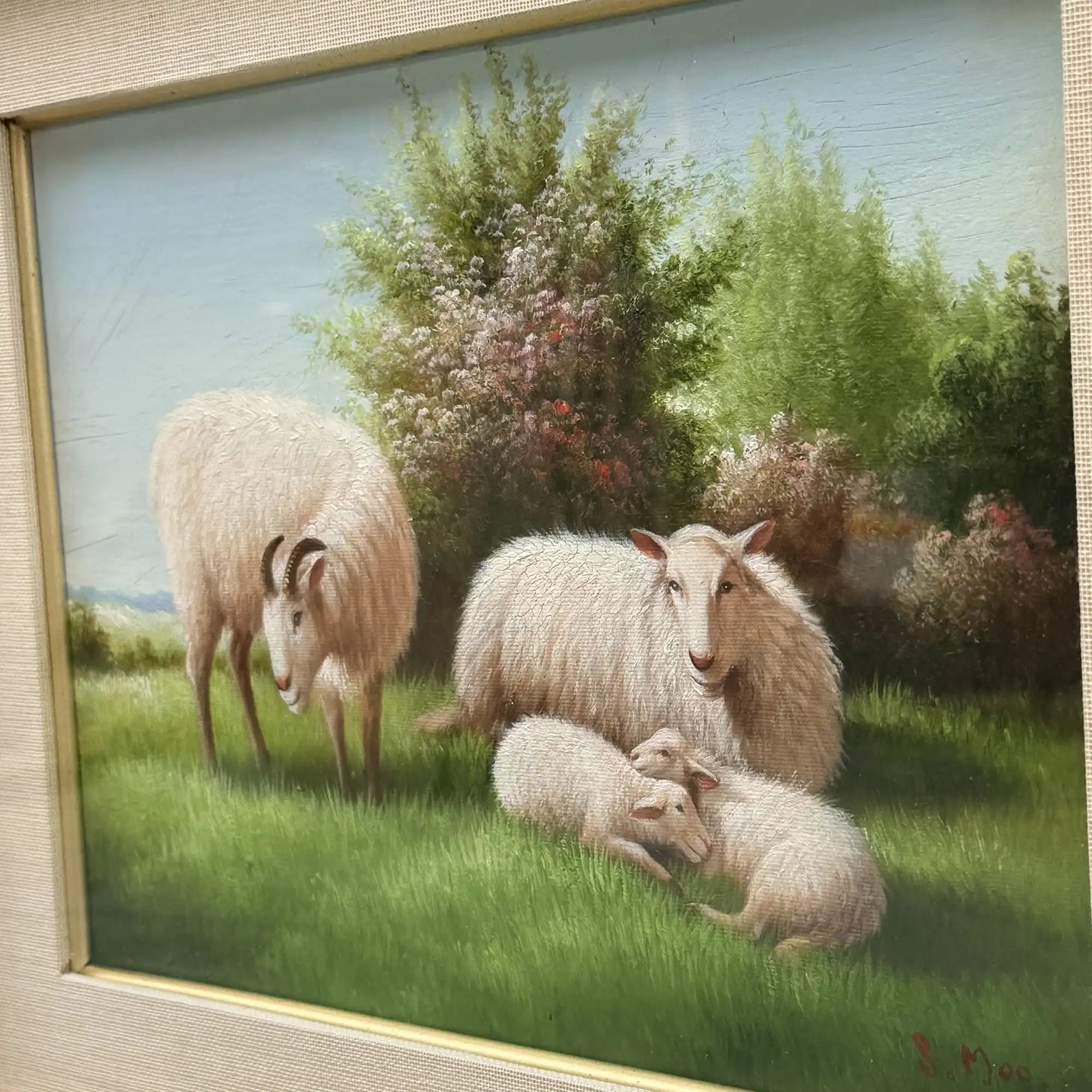 Pastoral Shepherd Scene with Sheep on Meadow, Original Hand-Painted Oil Painting Signed by Artist R. Maas, Ornate Carved Gilded Frame - Vintage Oil Painting - Arden Gallery