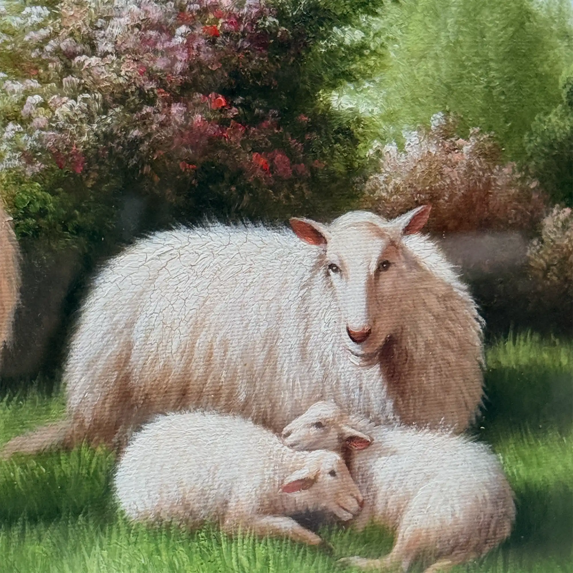 Pastoral Shepherd Scene with Sheep on Meadow, Original Hand-Painted Oil Painting Signed by Artist R. Maas, Ornate Carved Gilded Frame - Vintage Oil Painting - Arden Gallery