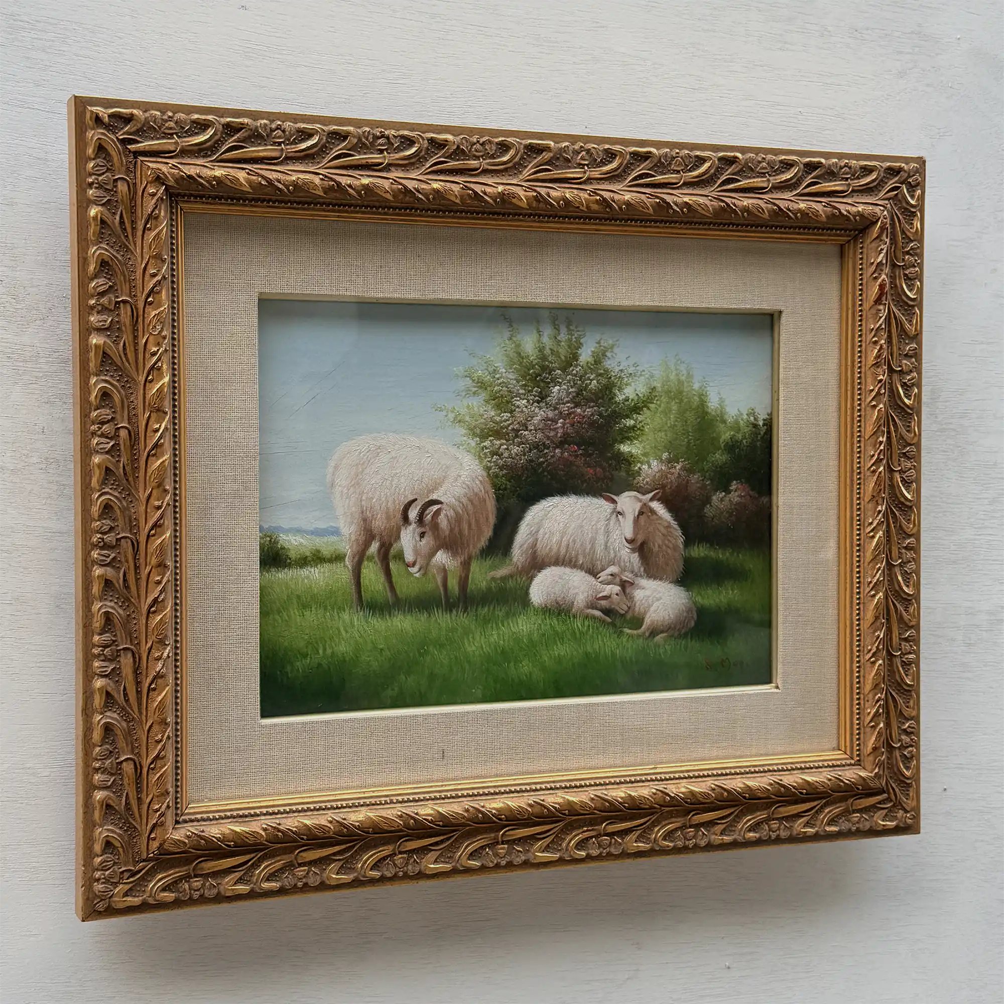Pastoral Shepherd Scene with Sheep on Meadow, Original Hand-Painted Oil Painting Signed by Artist R. Maas, Ornate Carved Gilded Frame - Vintage Oil Painting - Arden Gallery