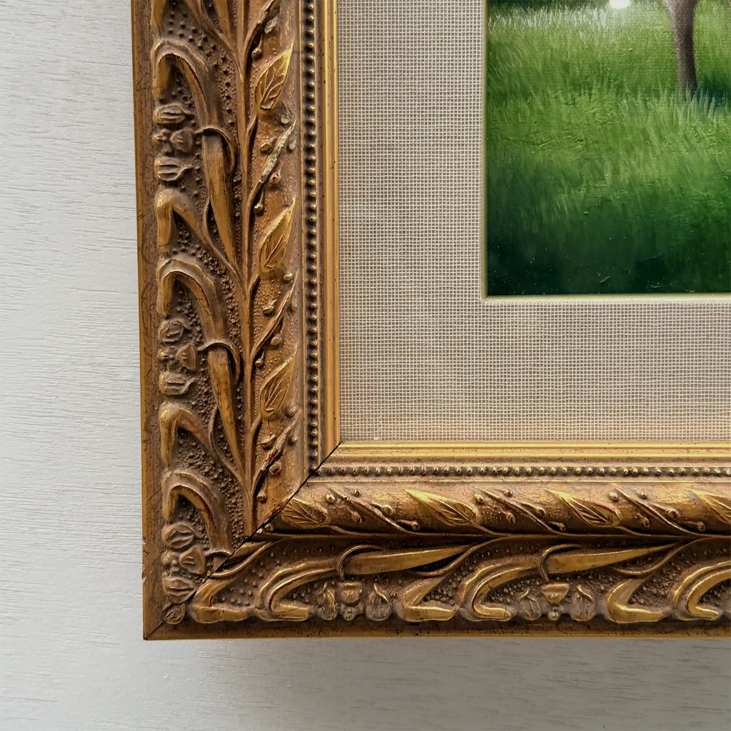 Pastoral Shepherd Scene with Sheep on Meadow, Original Hand-Painted Oil Painting Signed by Artist R. Maas, Ornate Carved Gilded Frame - Vintage Oil Painting - Arden Gallery