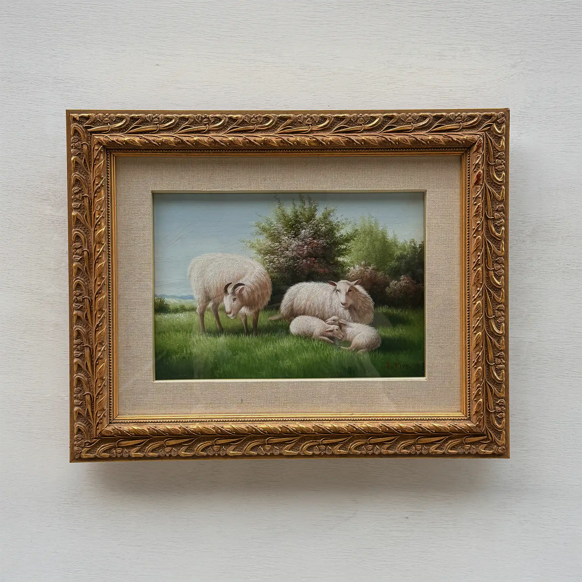 Pastoral Shepherd Scene with Sheep on Meadow, Original Hand-Painted Oil Painting Signed by Artist R. Maas, Ornate Carved Gilded Frame - Vintage Oil Painting - Arden Gallery
