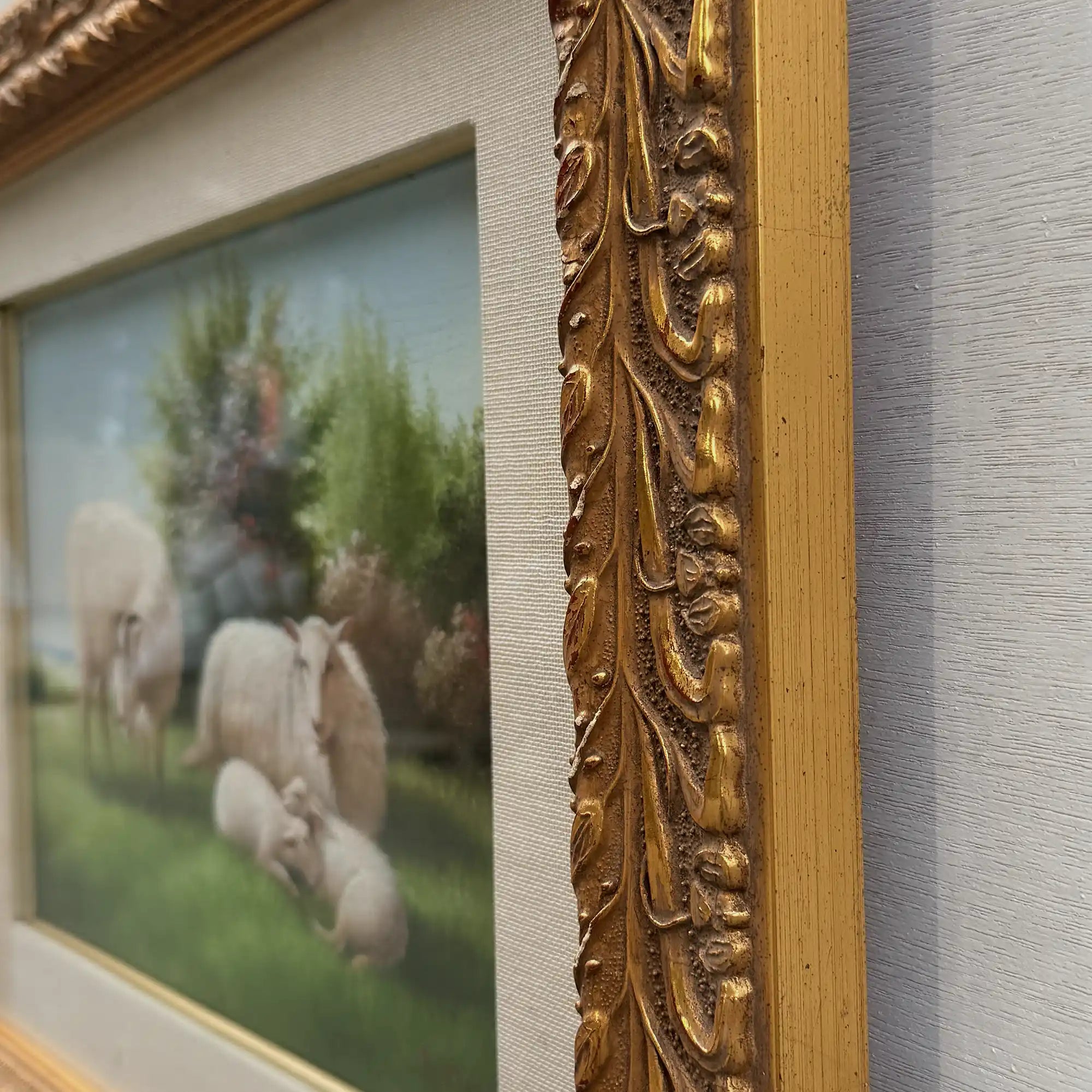 Pastoral Shepherd Scene with Sheep on Meadow, Original Hand-Painted Oil Painting Signed by Artist R. Maas, Ornate Carved Gilded Frame - Vintage Oil Painting - Arden Gallery