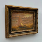 Sailboat at Sunset | Vintage Seascape Oil Painting | Craquelure | Ornate Gold Frame | Circa 1950s | 22.8×18.5in - Vintage Oil Painting - Arden Gallery