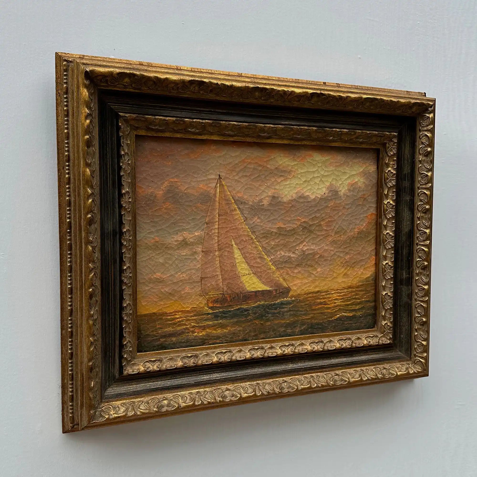 Sailboat at Sunset | Vintage Seascape Oil Painting | Craquelure | Ornate Gold Frame | Circa 1950s | 22.8×18.5in - Vintage Oil Painting - Arden Gallery