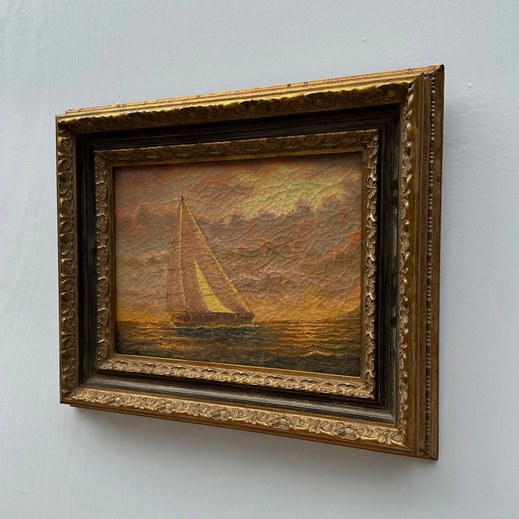 Sailboat at Sunset | Vintage Seascape Oil Painting | Craquelure | Ornate Gold Frame | Circa 1950s | 22.8×18.5in - Vintage Oil Painting - Arden Gallery