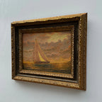Sailboat at Sunset | Vintage Seascape Oil Painting | Craquelure | Ornate Gold Frame | Circa 1950s | 22.8×18.5in - Vintage Oil Painting - Arden Gallery