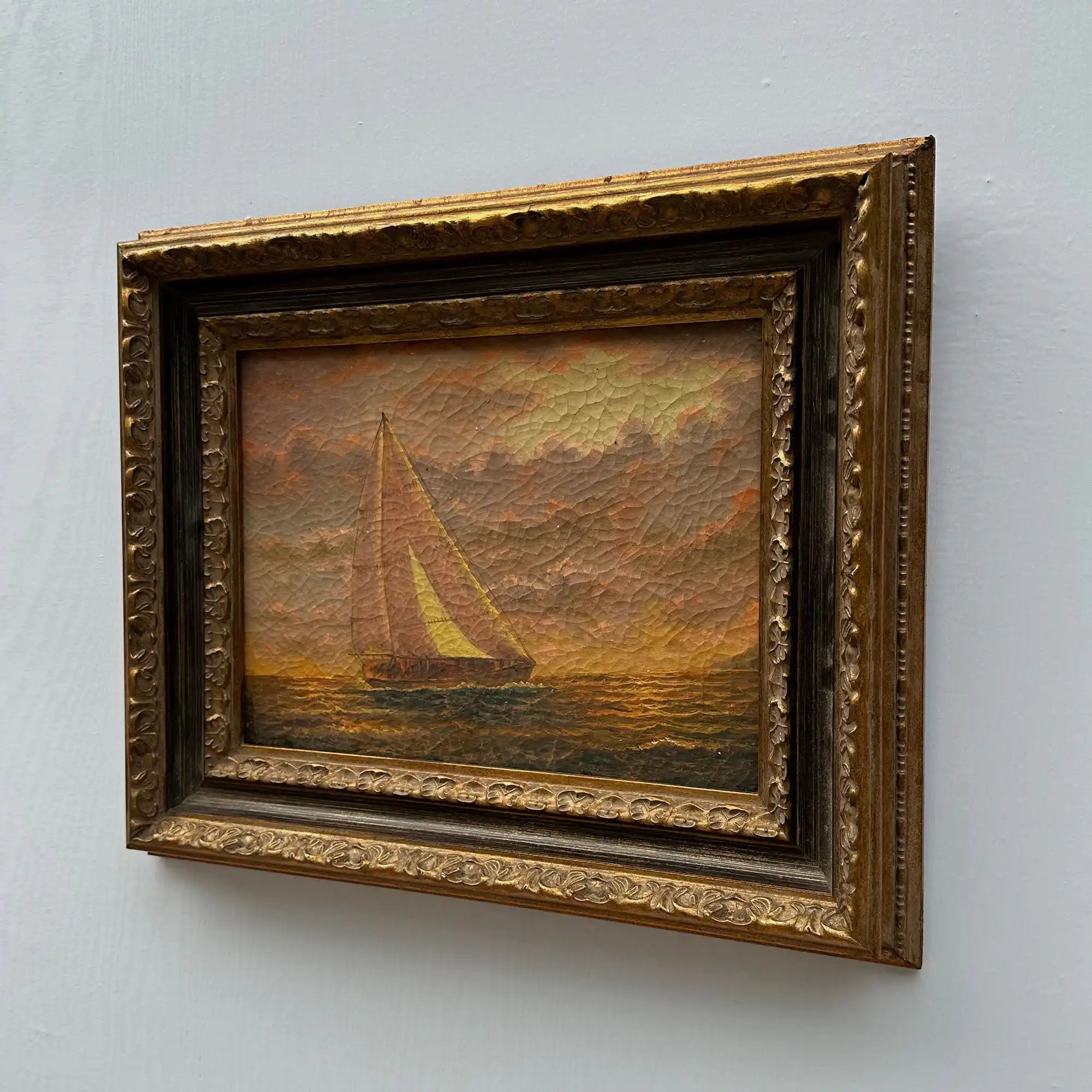 Sailboat at Sunset | Vintage Seascape Oil Painting | Craquelure | Ornate Gold Frame | Circa 1950s | 22.8×18.5in - Vintage Oil Painting - Arden Gallery