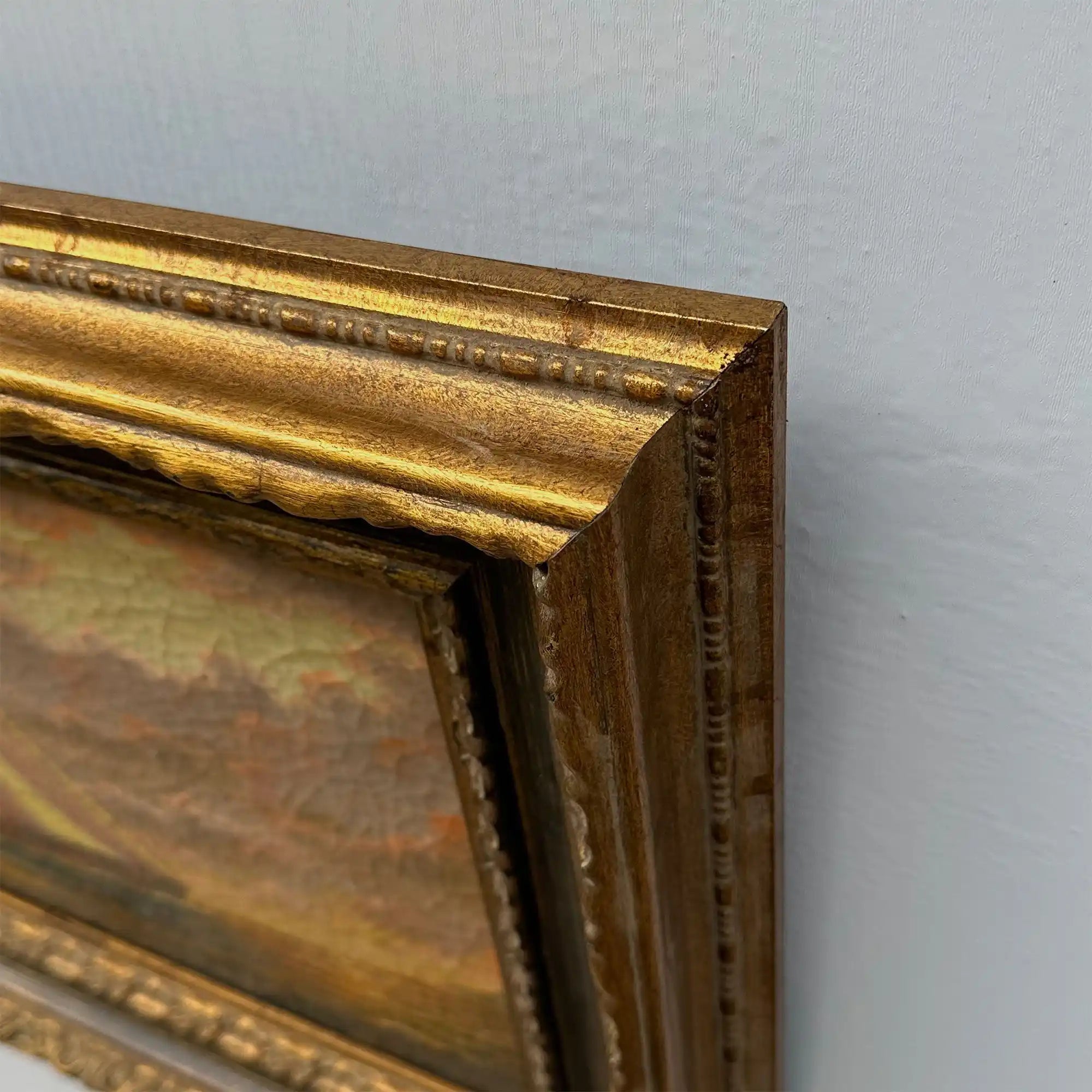Sailboat at Sunset | Vintage Seascape Oil Painting | Craquelure | Ornate Gold Frame | Circa 1950s | 22.8×18.5in - Vintage Oil Painting - Arden Gallery