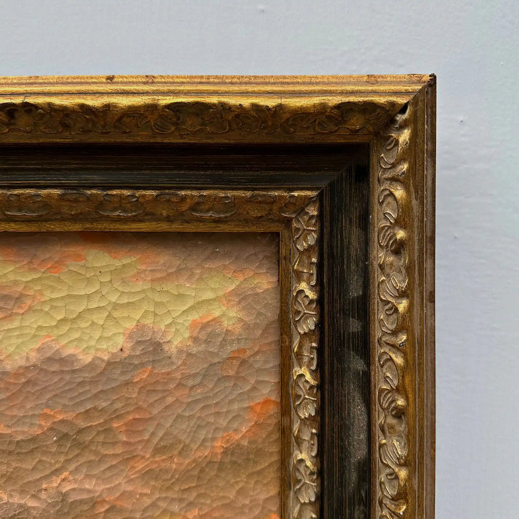 Sailboat at Sunset | Vintage Seascape Oil Painting | Craquelure | Ornate Gold Frame | Circa 1950s | 22.8×18.5in - Vintage Oil Painting - Arden Gallery