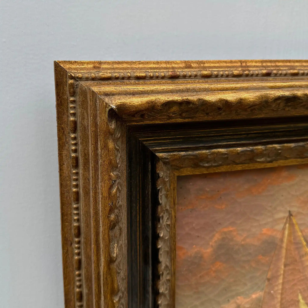 Sailboat at Sunset | Vintage Seascape Oil Painting | Craquelure | Ornate Gold Frame | Circa 1950s | 22.8×18.5in - Vintage Oil Painting - Arden Gallery