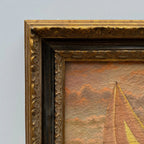 Sailboat at Sunset | Vintage Seascape Oil Painting | Craquelure | Ornate Gold Frame | Circa 1950s | 22.8×18.5in - Vintage Oil Painting - Arden Gallery
