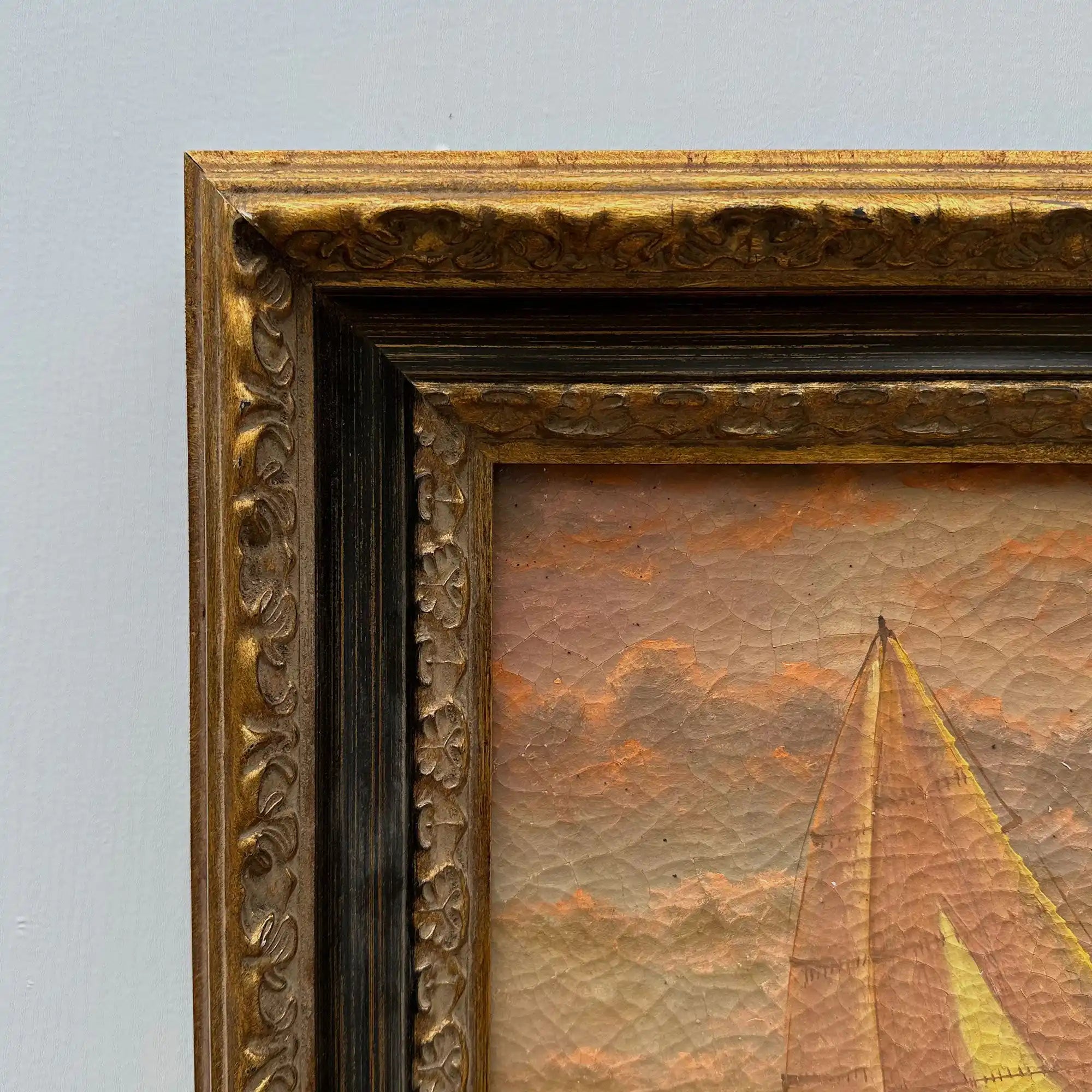 Sailboat at Sunset | Vintage Seascape Oil Painting | Craquelure | Ornate Gold Frame | Circa 1950s | 22.8×18.5in - Vintage Oil Painting - Arden Gallery