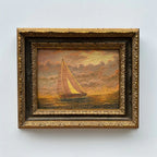 Sailboat at Sunset | Vintage Seascape Oil Painting | Craquelure | Ornate Gold Frame | Circa 1950s | 22.8×18.5in - Vintage Oil Painting - Arden Gallery