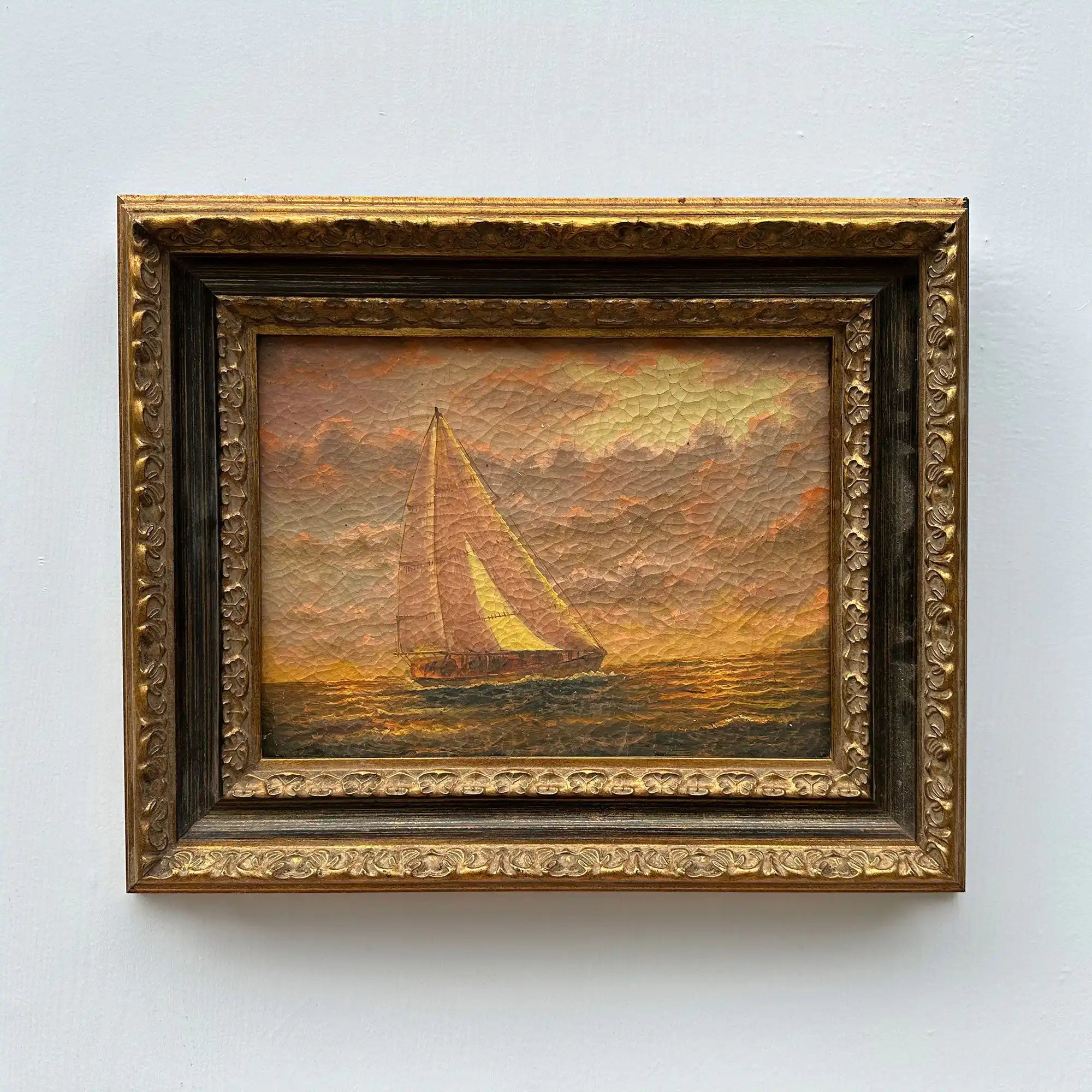 Sailboat at Sunset | Vintage Seascape Oil Painting | Craquelure | Ornate Gold Frame | Circa 1950s | 22.8×18.5in - Vintage Oil Painting - Arden Gallery