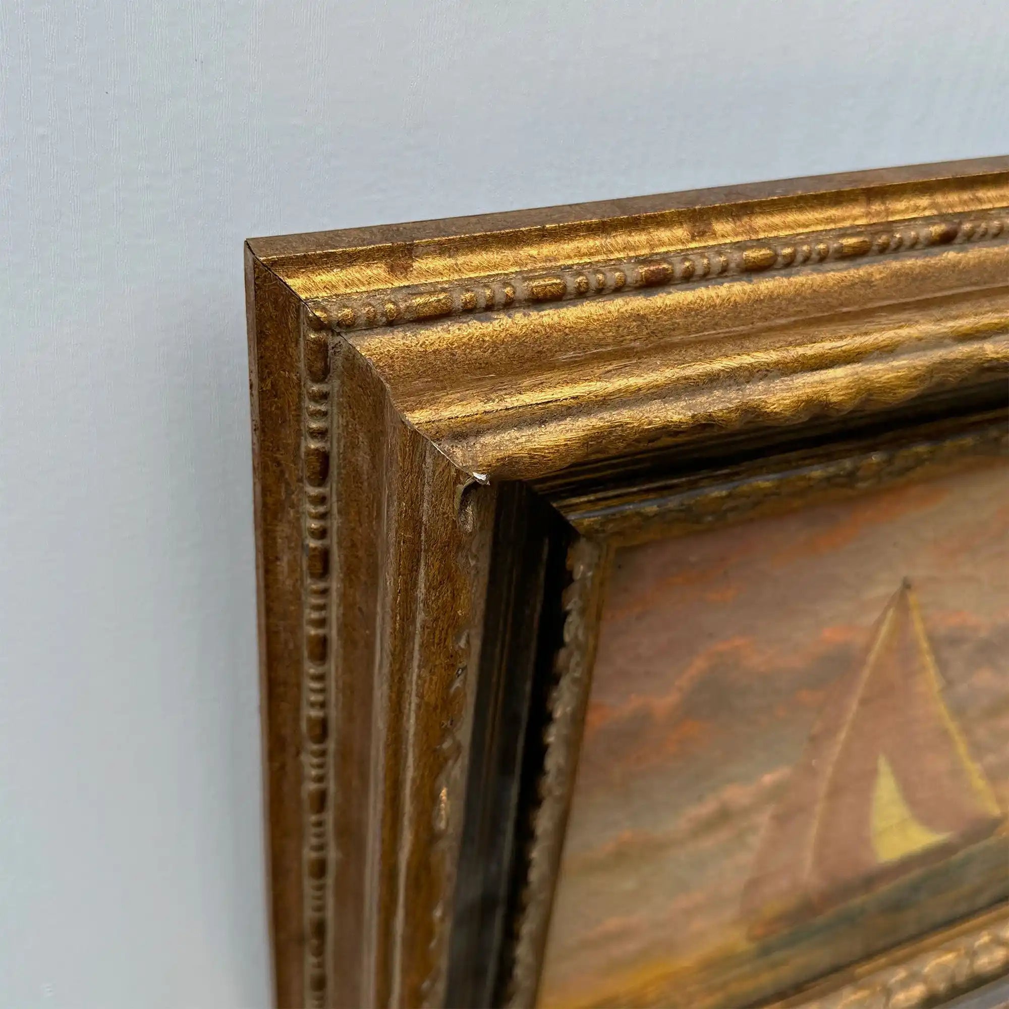 Sailboat at Sunset | Vintage Seascape Oil Painting | Craquelure | Ornate Gold Frame | Circa 1950s | 22.8×18.5in - Vintage Oil Painting - Arden Gallery