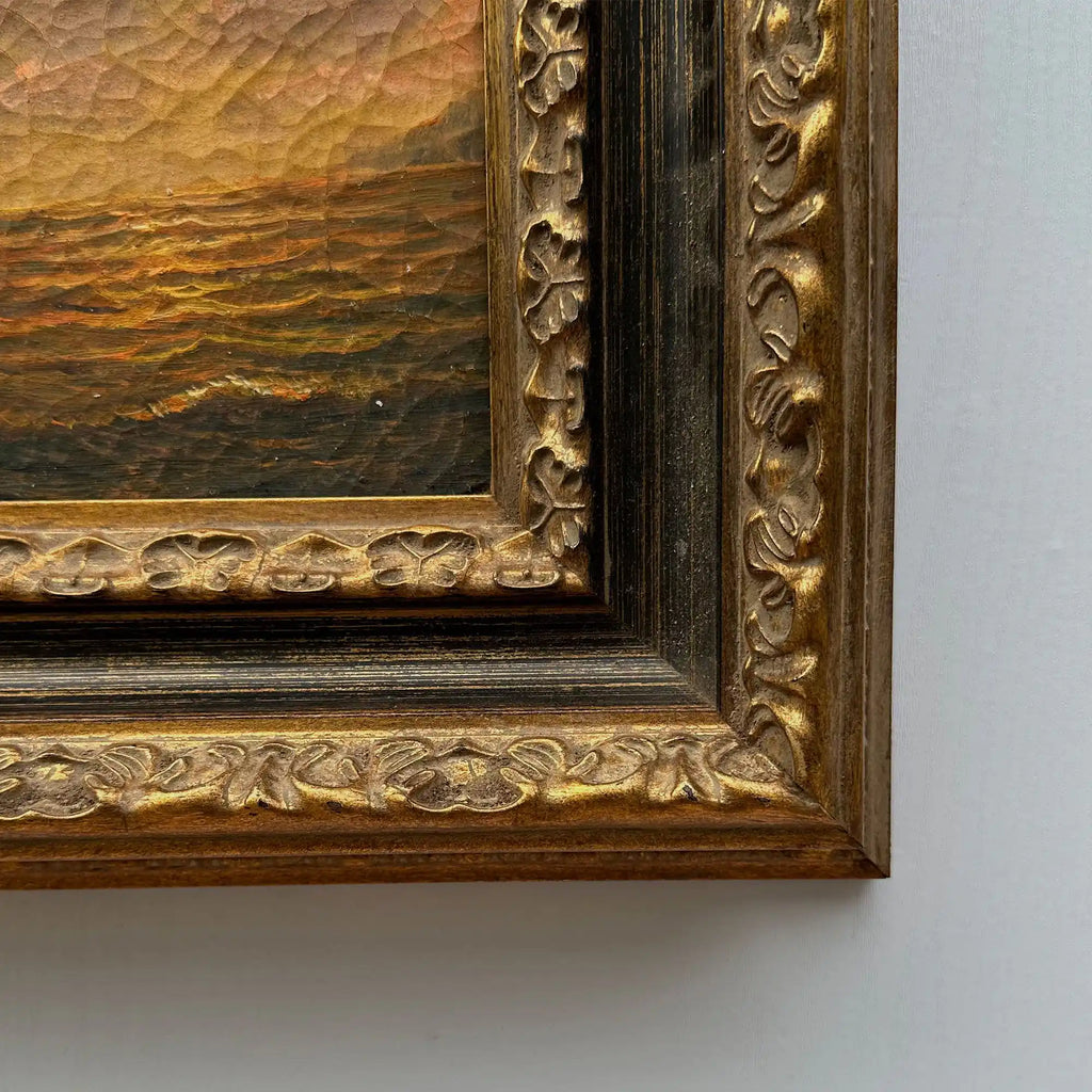 Sailboat at Sunset | Vintage Seascape Oil Painting | Craquelure | Ornate Gold Frame | Circa 1950s | 22.8×18.5in - Vintage Oil Painting - Arden Gallery