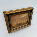 Sailboat at Sunset | Vintage Seascape Oil Painting | Craquelure | Ornate Gold Frame | Circa 1950s | 22.8×18.5in - Vintage Oil Painting - Arden Gallery