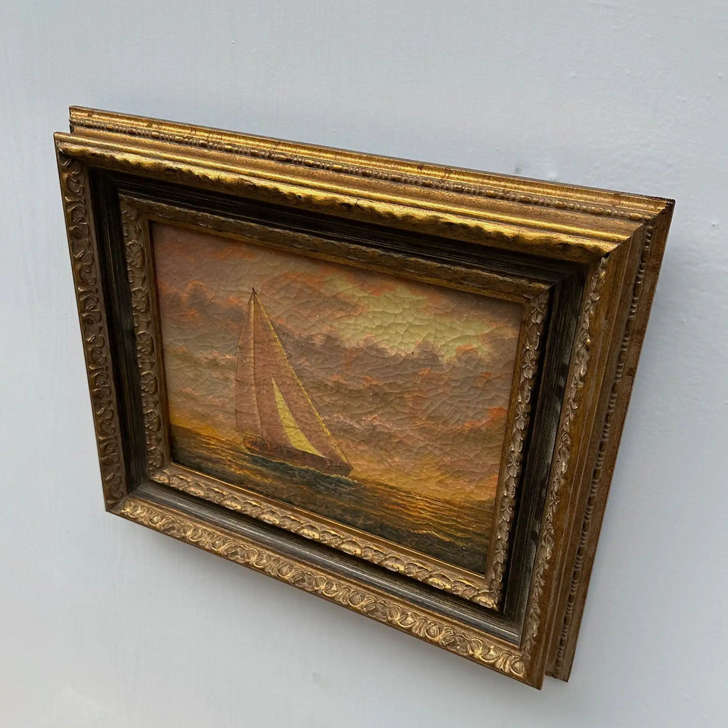Sailboat at Sunset | Vintage Seascape Oil Painting | Craquelure | Ornate Gold Frame | Circa 1950s | 22.8×18.5in - Vintage Oil Painting - Arden Gallery