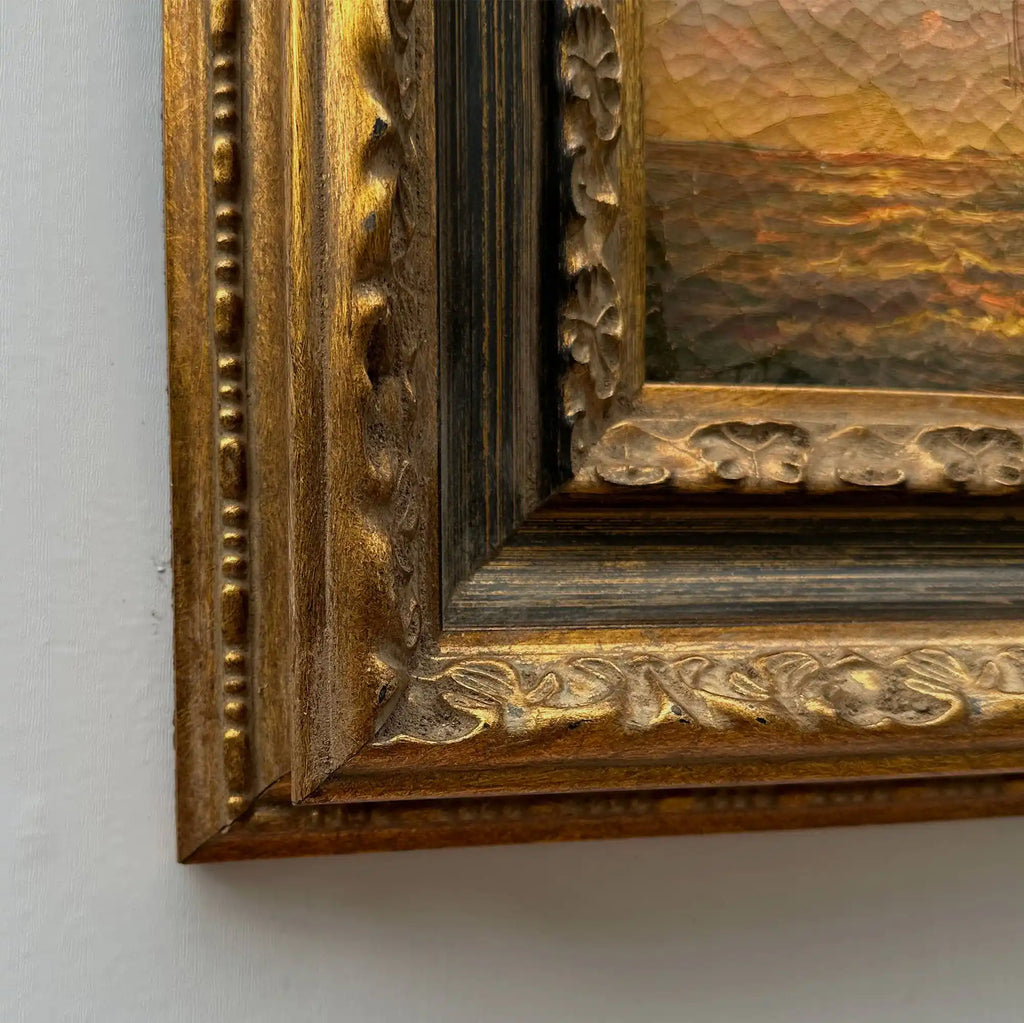 Sailboat at Sunset | Vintage Seascape Oil Painting | Craquelure | Ornate Gold Frame | Circa 1950s | 22.8×18.5in - Vintage Oil Painting - Arden Gallery