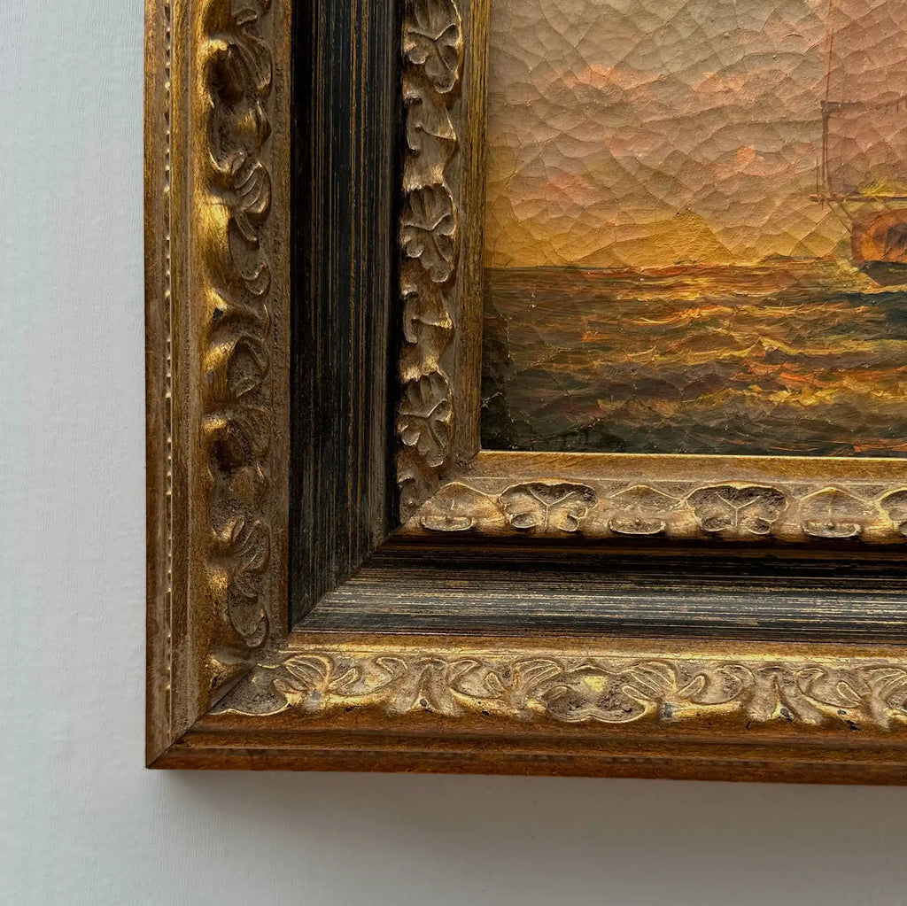 Sailboat at Sunset | Vintage Seascape Oil Painting | Craquelure | Ornate Gold Frame | Circa 1950s | 22.8×18.5in - Vintage Oil Painting - Arden Gallery