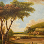 Stream Below Hilltop Ruins Oil Painting | Waterfall & Rolling Hills | Landscape Art |  20.5×24.4in - Vintage Oil Painting - Arden Gallery