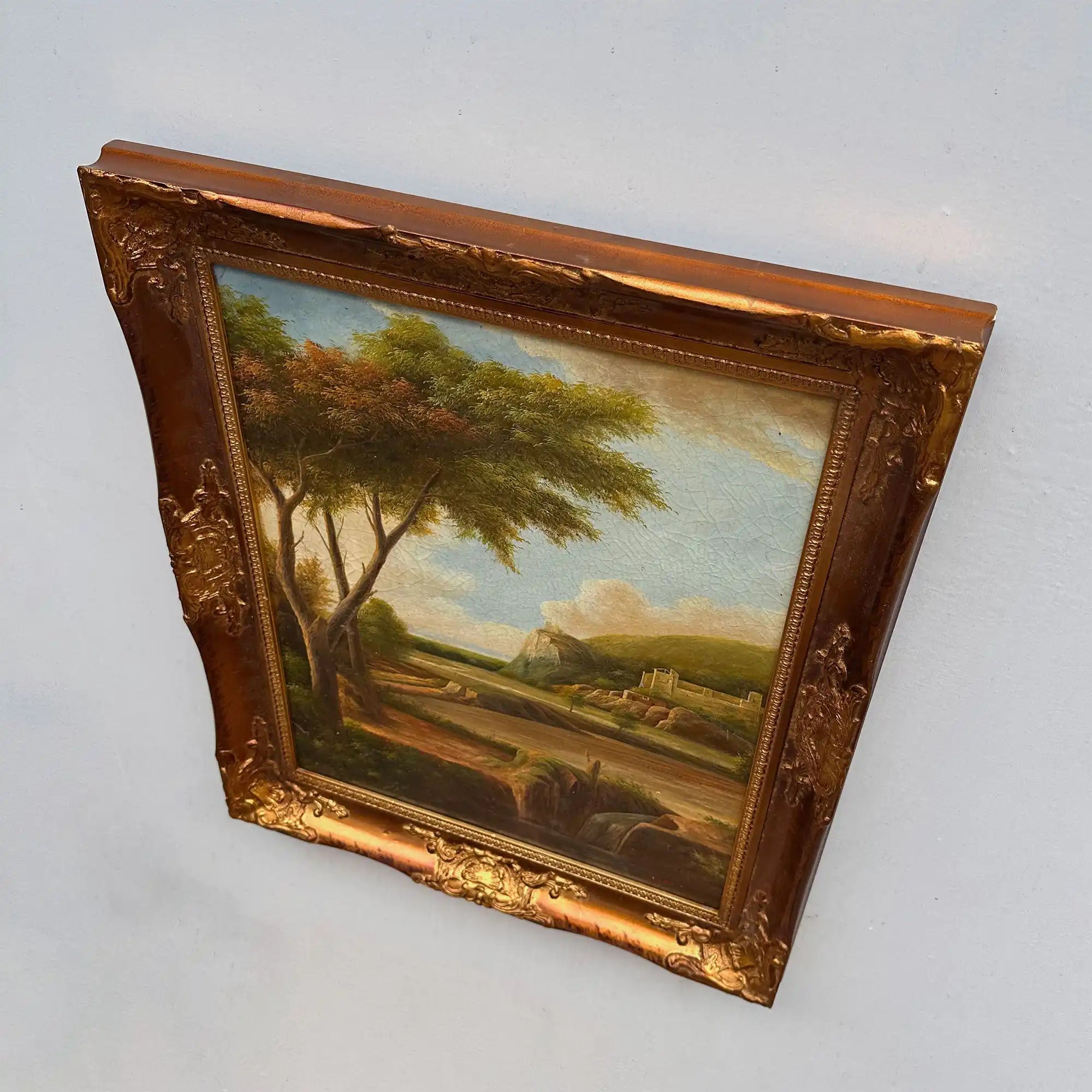Stream Below Hilltop Ruins Oil Painting | Waterfall & Rolling Hills | Landscape Art |  20.5×24.4in - Vintage Oil Painting - Arden Gallery