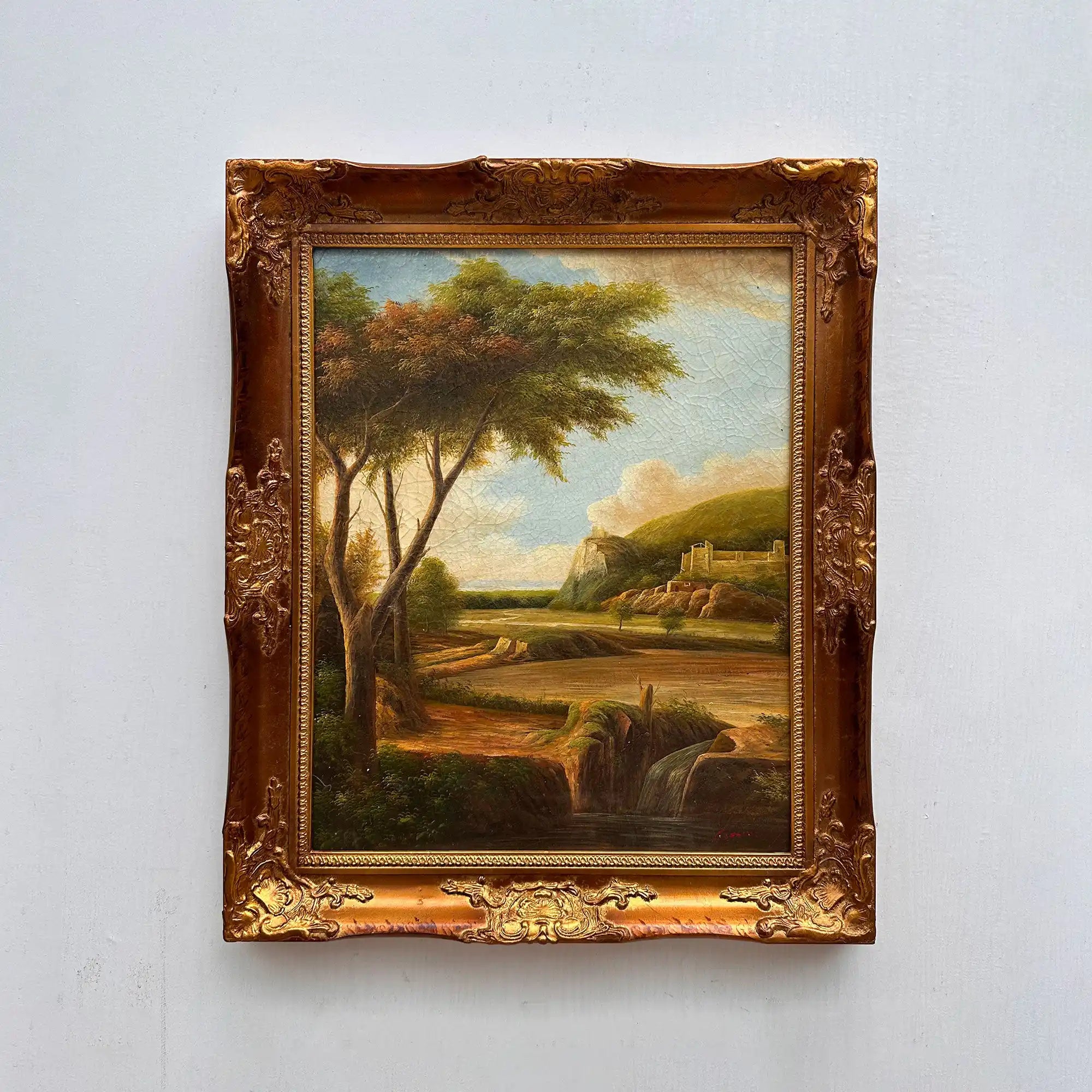 Stream Below Hilltop Ruins Oil Painting | Waterfall & Rolling Hills | Landscape Art |  20.5×24.4in - Vintage Oil Painting - Arden Gallery