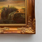 Stream Below Hilltop Ruins Oil Painting | Waterfall & Rolling Hills | Landscape Art |  20.5×24.4in - Vintage Oil Painting - Arden Gallery