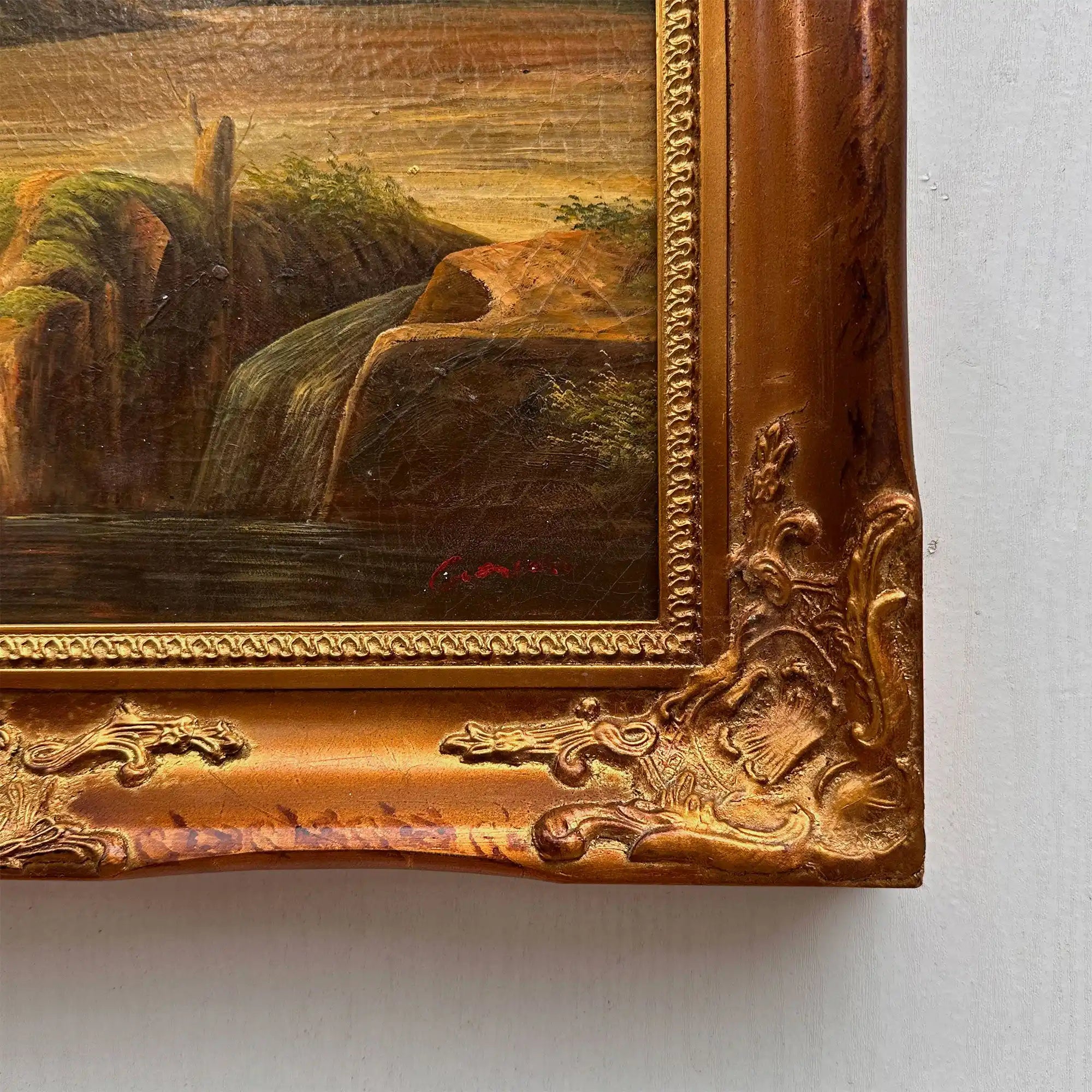 Stream Below Hilltop Ruins Oil Painting | Waterfall & Rolling Hills | Landscape Art |  20.5×24.4in - Vintage Oil Painting - Arden Gallery