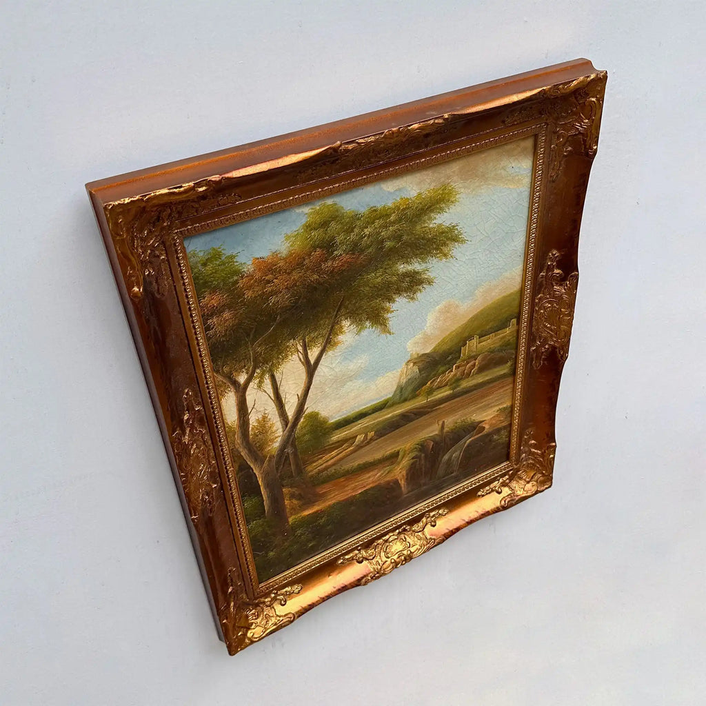 Stream Below Hilltop Ruins Oil Painting | Waterfall & Rolling Hills | Landscape Art |  20.5×24.4in - Vintage Oil Painting - Arden Gallery