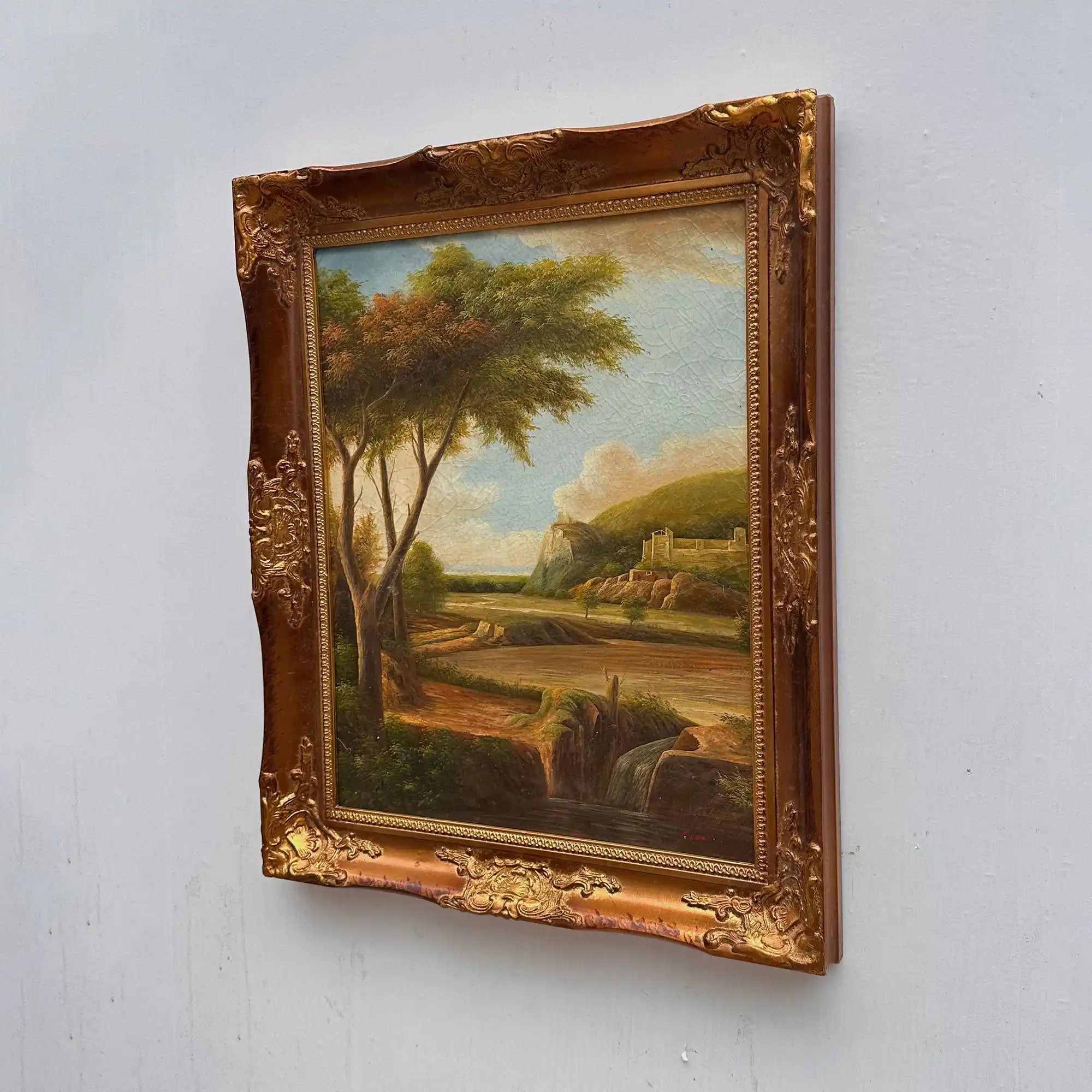 Stream Below Hilltop Ruins Oil Painting | Waterfall & Rolling Hills | Landscape Art |  20.5×24.4in - Vintage Oil Painting - Arden Gallery