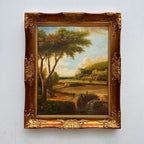 Stream Below Hilltop Ruins Oil Painting | Waterfall & Rolling Hills | Landscape Art |  20.5×24.4in - Vintage Oil Painting - Arden Gallery