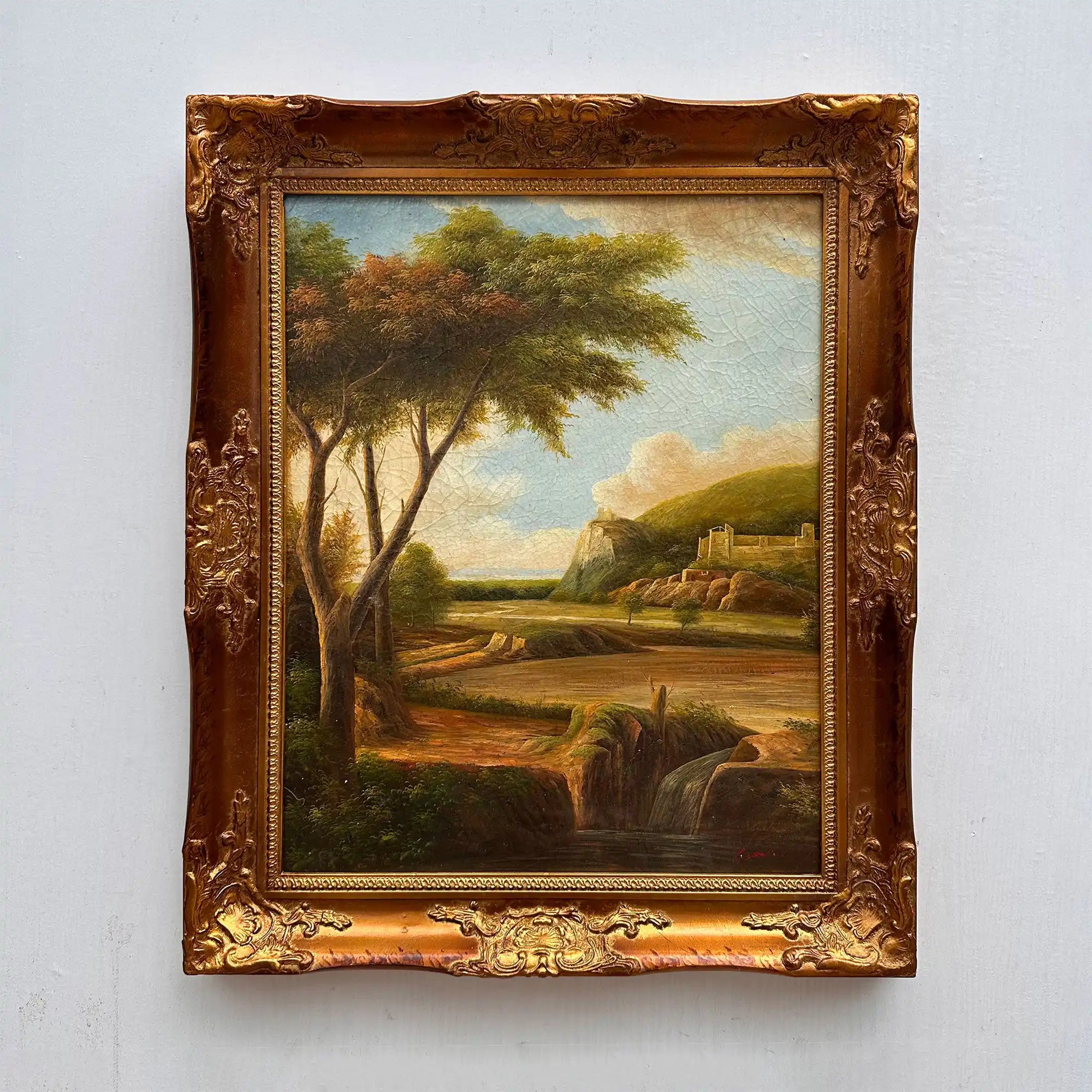 Stream Below Hilltop Ruins Oil Painting | Waterfall & Rolling Hills | Landscape Art |  20.5×24.4in - Vintage Oil Painting - Arden Gallery