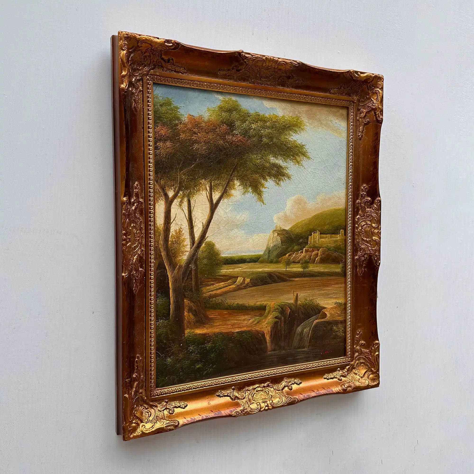 Stream Below Hilltop Ruins Oil Painting | Waterfall & Rolling Hills | Landscape Art |  20.5×24.4in - Vintage Oil Painting - Arden Gallery