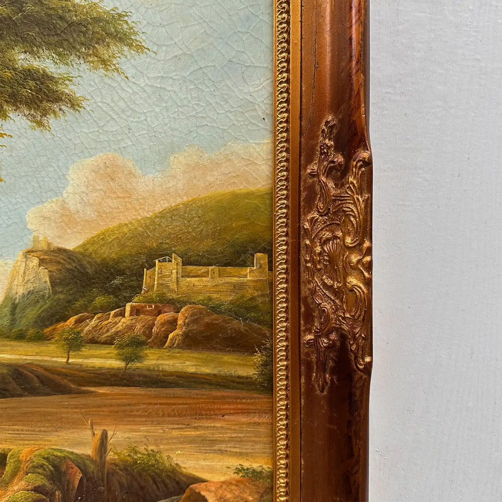 Stream Below Hilltop Ruins Oil Painting | Waterfall & Rolling Hills | Landscape Art |  20.5×24.4in - Vintage Oil Painting - Arden Gallery